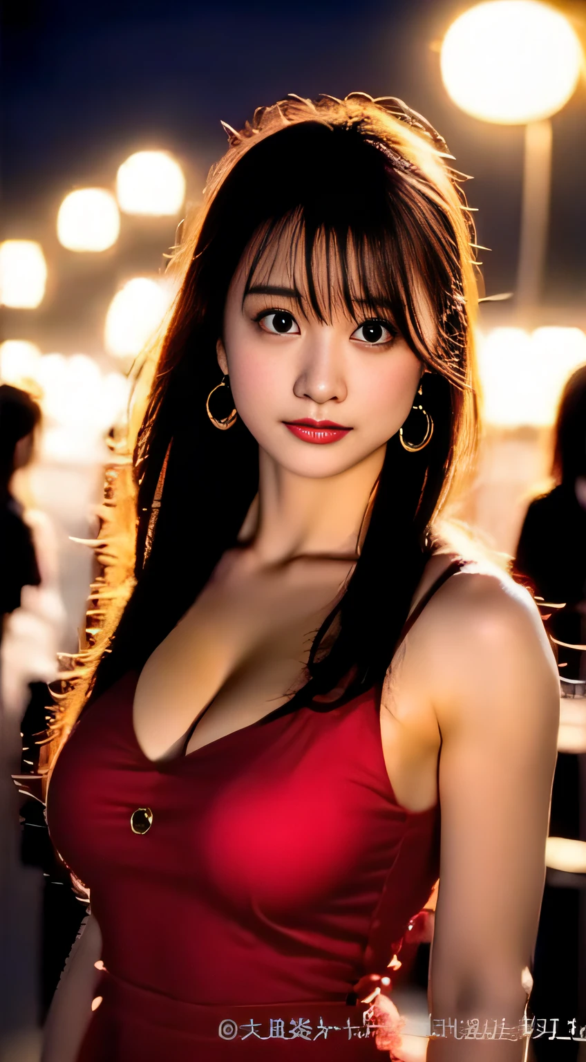 top-quality。8K-Picture。Ultra-high pixel。The background is the city at night。girl with。hair is long and slightly wavy,,,,,,,,,,,,,,,,,,,,,,,,,,,,,,,,,,,,,,,,,,,,,,,,,,,,,,,,,,,,,,,,,,,。The color is dark brown。Glamour style、((huge-breasted:1.8))。wearing red dress、Photos dancing brilliantly。Delicate finish overall。The body line is gorgeous。legs are long、Wear red high heels。((Hair shines like a reflection of the street。The eyeball reflects the surrounding landscape。The skin is wet with night dew))。Almost perfect woman。((time々In close-up of the upper body))。The second highlighted part々I want you to express it in close-ups。
