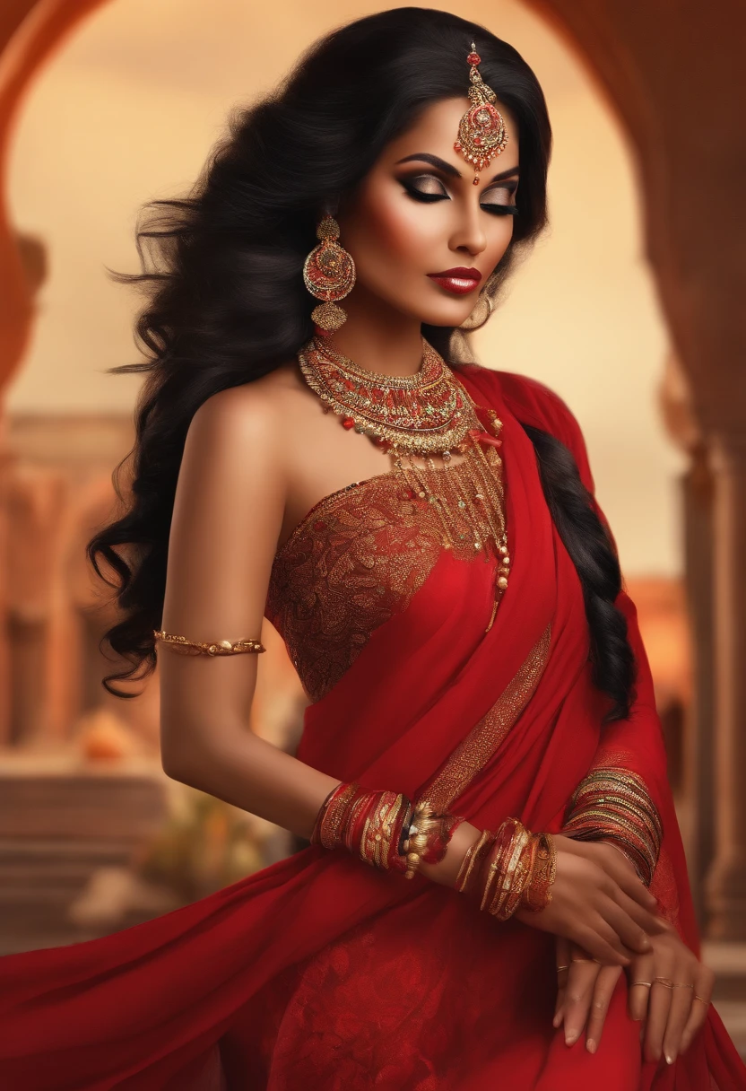 An enigmatic and exotic woman, draped in a fusion of cultural styles, perfectly embodying the sizzling heat of spicy cuisine. Her ((raven-black hair)), braided intricately with red chili peppers, cascades down her back like a captivating masterpiece. Her eyes, a mesmerizing shade of ((fiery cinnamon)), hold an intense gaze, inviting others to explore the boldness within. In the crawling pose, she moves with an alluring rhythm, capturing the essence of dance and celebration. Her attire is a fusion of vibrant fabrics from different cultures, with a mix of intricate embroidery and bold patterns. The colors of the fabrics mimic the hues of various spices, creating a visual feast for the eyes. Her wrists and ankles adorned with jingling bangles add an element of playfulness to her movements. In the background, a bustling street festival takes place, with exotic food stalls offering a tantalizing array of spicy dishes from diverse culinary traditions.