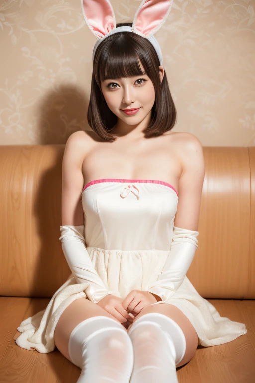 ((Highest image quality, outstanding details, ultra-high resolution, realism: 1.4)), 1beautiful girl, twenties, sitting on a vivid color cozy couch, open legs, soft light, white latex bunny-girl costume,a bit chubby,