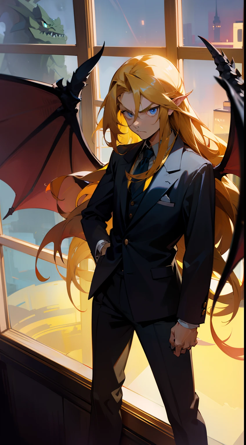 1man,solo,40s,serious face,teacher outfit, dark yellow hair,long hair,black dragon wings,blue eyes,standing in front of a window, night