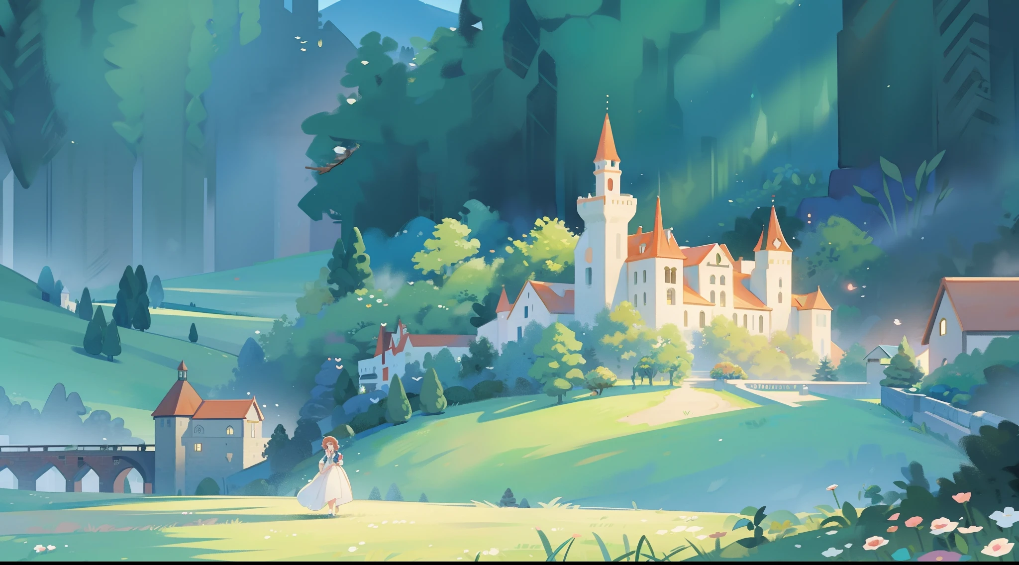 watercolor storybook illustration, hidden huge whimsical asymmetrical castle, warm colors, colorful flower garden, overgrown vines and plants, trees and bushes, ((fairytale castle)), princess castle, storybook castle surrounded by village, cottages, people