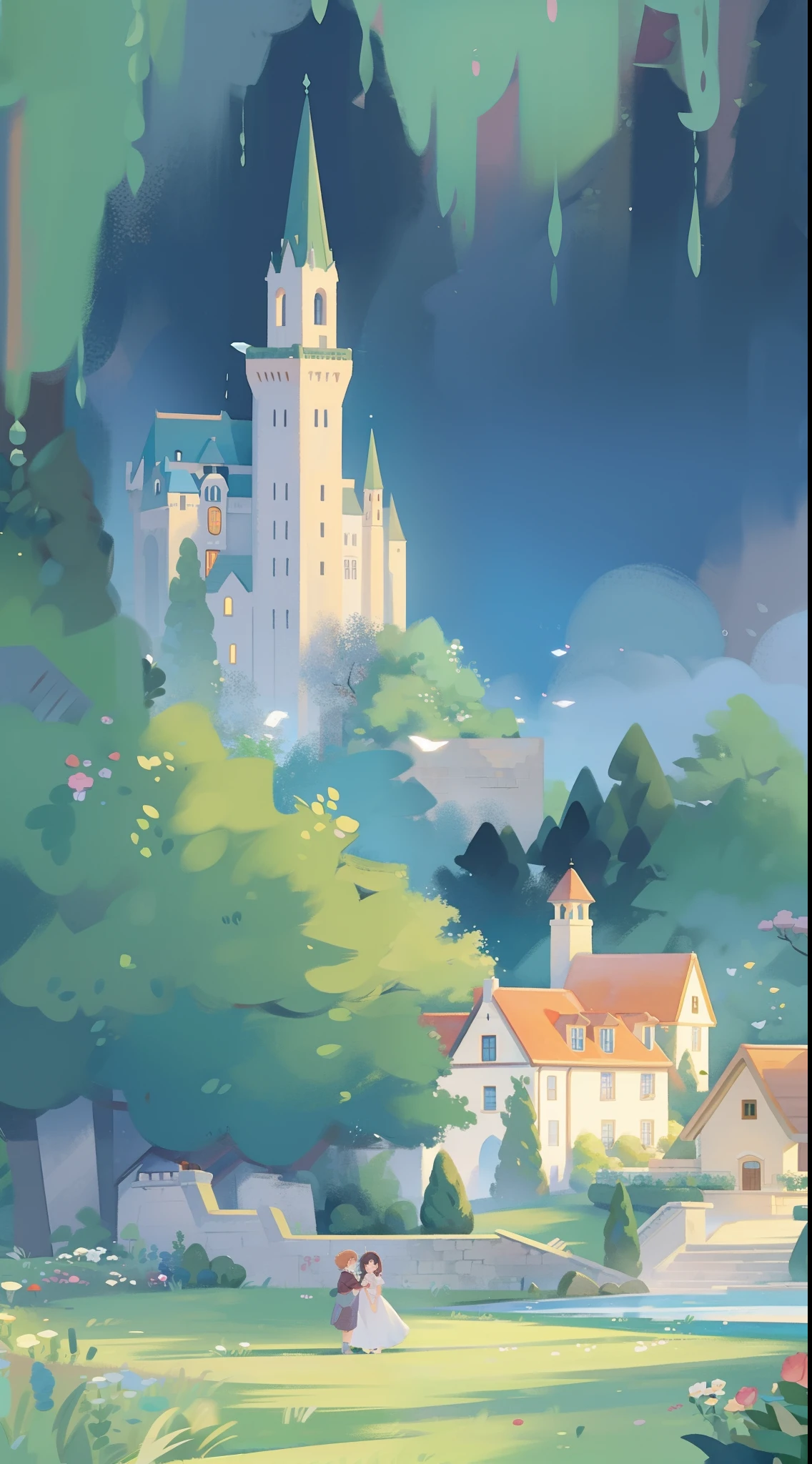 watercolor storybook illustration, hidden huge whimsical asymmetrical castle, warm colors, colorful flower garden, overgrown vines and plants, trees and bushes, ((fairytale castle)), princess castle, storybook castle surrounded by village, cottages, people