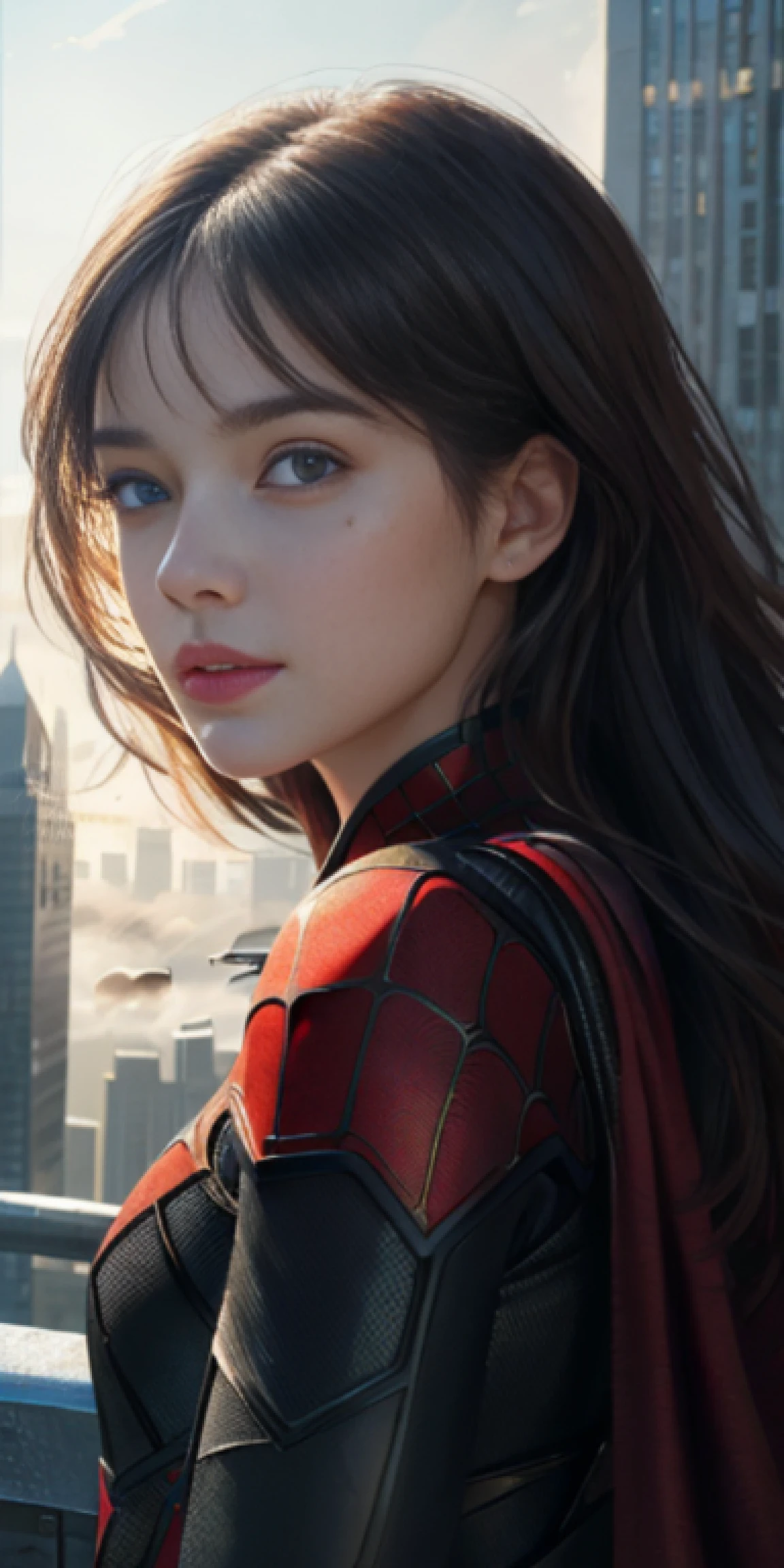 (1girl:1.3), Solo, (((Very detailed face)))), ((Very detailed eyes and face)))), Beautiful detail eyes, Body parts__, Official art, Unified 8k wallpaper, Super detailed, beautiful and beautiful, beautiful, masterpiece, best quality, original, masterpiece, super fine photo, best quality, super high resolution, realistic realism, sunlight, full body portrait, amazing beauty, dynamic pose, delicate face, vibrant eyes, (from the front), She wears Spider-Man suit, red and black color scheme, spider, very detailed city roof background, rooftop, overlooking the city, detailed face, detailed complex busy background, messy, gorgeous, milky white, highly detailed skin, realistic skin details, visible pores, clear focus, volumetric fog, 8k uhd, DSLR, high quality, film grain, fair skin, photo realism, lomography, futuristic dystopian megalopolis, translucent