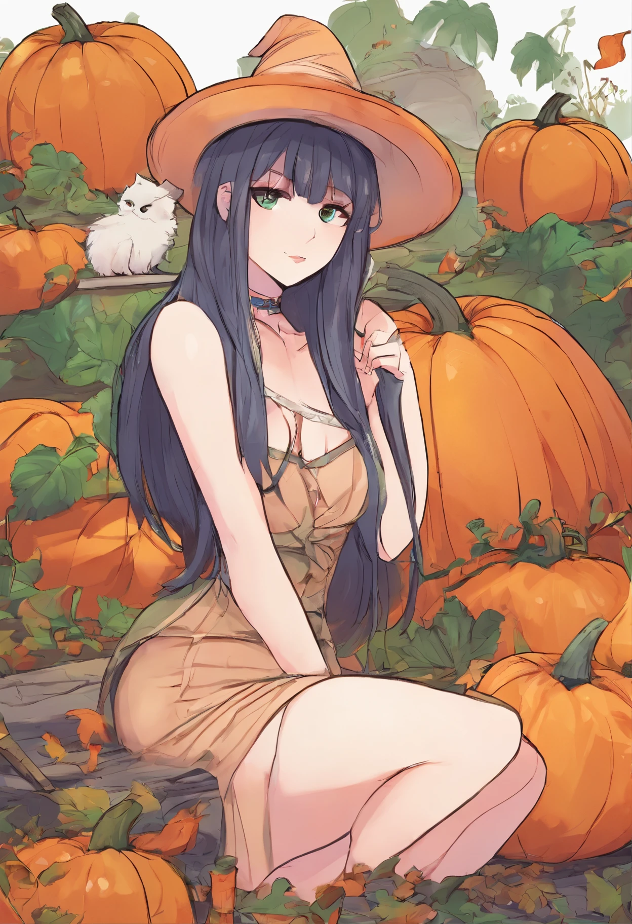 Curvaceous,1girl,sitting on 1spooky pumpkin,full body view,creepy pumpkins background,dressed as a witch,tall witch hat,thigh_highs,mini_skirt,large_hips,spooky,ghosts, Halloween, gigantic_breasts,cleavage cutout,blushing,ahegao_face,black-hair,green-eyes,heart-shaped_pupils,long_hair,tiny-waist,High detailed,