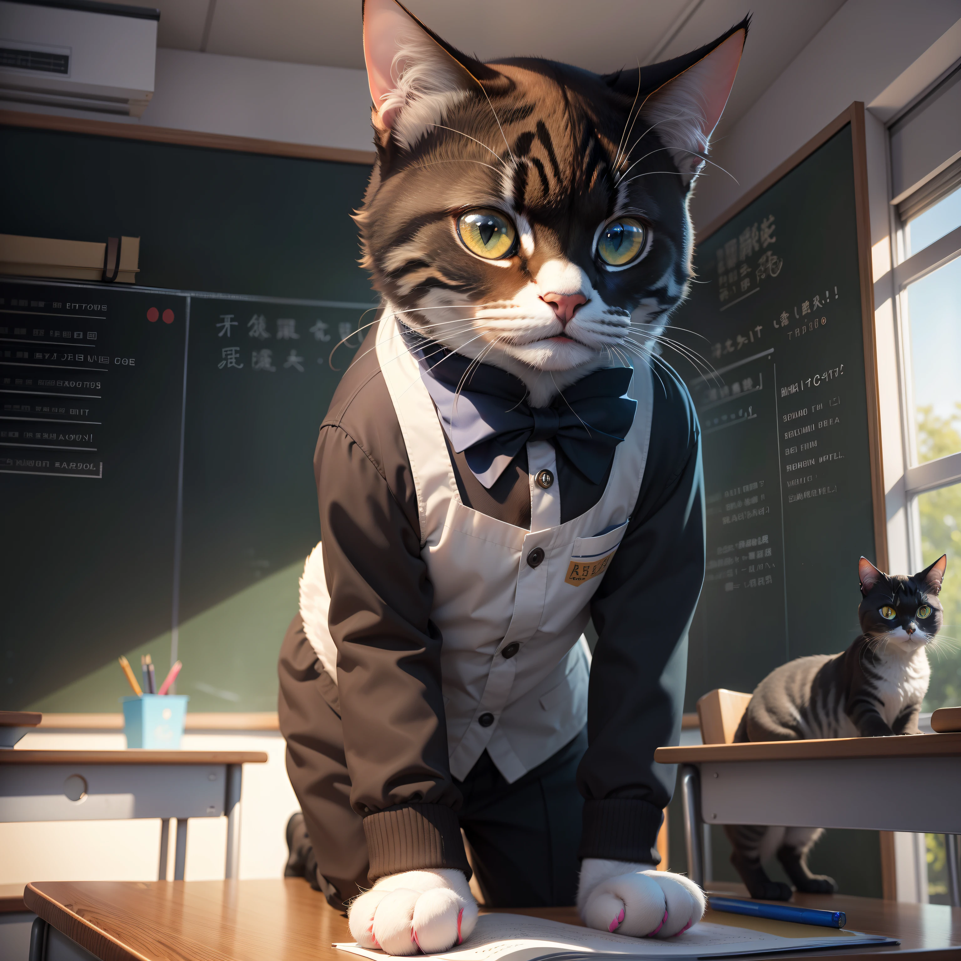 Haiyi - Robot
Wen Sheng diagram
default
23:02:04
Best quality,Ultra-detailed,Realistic:1.37,Cats with glasses,Dress up as a teacher's cat,Cats teach in class,2 cats teaching,blackboards,Fish drawing on blackboard,The cat points to the fish,Serious look,Cat expressions,Educational atmosphere,Cat accessories,Bookshelf in the background,well-illuminated,Classroom setup,Vivid colors,Smart atmosphere,School supplies