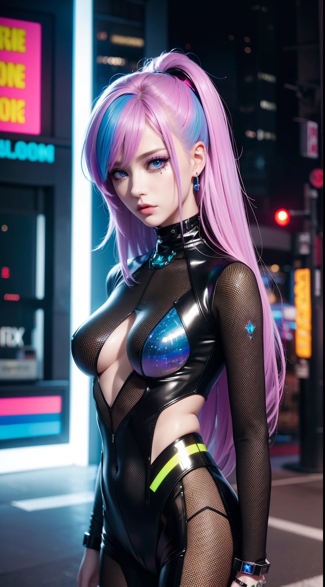 ​masterpiece, hyper photorealistic, cyber punk style, Woman with crystal hair, Rainbow Eye, Tattoos all over the body, Transparent Hologram Lace Bodysuit, Cyber City Street
