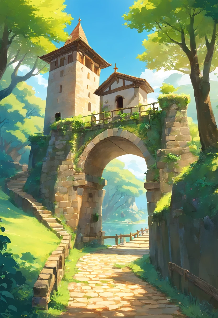 obra-prima, melhor qualidade, filme ainda, In the heart of the medieval landscape, Uma paisagem pitoresca se desenrola, aparentemente intocado pela passagem do tempo. Elevando-se sobre o horizonte, A majestic stone castle catches the eye. Suas paredes afuniladas, adornado com bandeiras desgastadas, Stand sentinel against the blue sky. A drawbridge, suspenso sobre um fosso tranquilo, liga o castelo ao exuberante, Floresta Esmeralda que a envolve, the trees seemingly whispering secrets from centuries past. A leste, A winding cobblestone path leads to a picturesque village nestled among rolling hills. Casas de campo com telhado de palha, suas paredes adornadas com hera, huddle together as if sharing stories of past generations. A century-old windmill, your candles are still a long time ago, It is a testimony to the toil of those who once worked on this earth. Beyond the village, A winding river reflects the amber hues of the setting sun. Stone bridges arch gracefully over its tranquil waters, ligando as margens onde as vinhas produzem cachos de uvas, Safras futuras promissoras. No horizonte distante, A dense forest of ancient oaks and towering pines stretches as far as the eye can see, Its dark green canopy houses numerous mysteries. acima, The sky is a cerulean canvas, framed by cotton-like cloud threads. A paisagem, a harmonious blend of architectural wonders and unspoiled nature, evokes the timeless beauty of a medieval world frozen in the tapestry of history, (Sparks: 0,7)