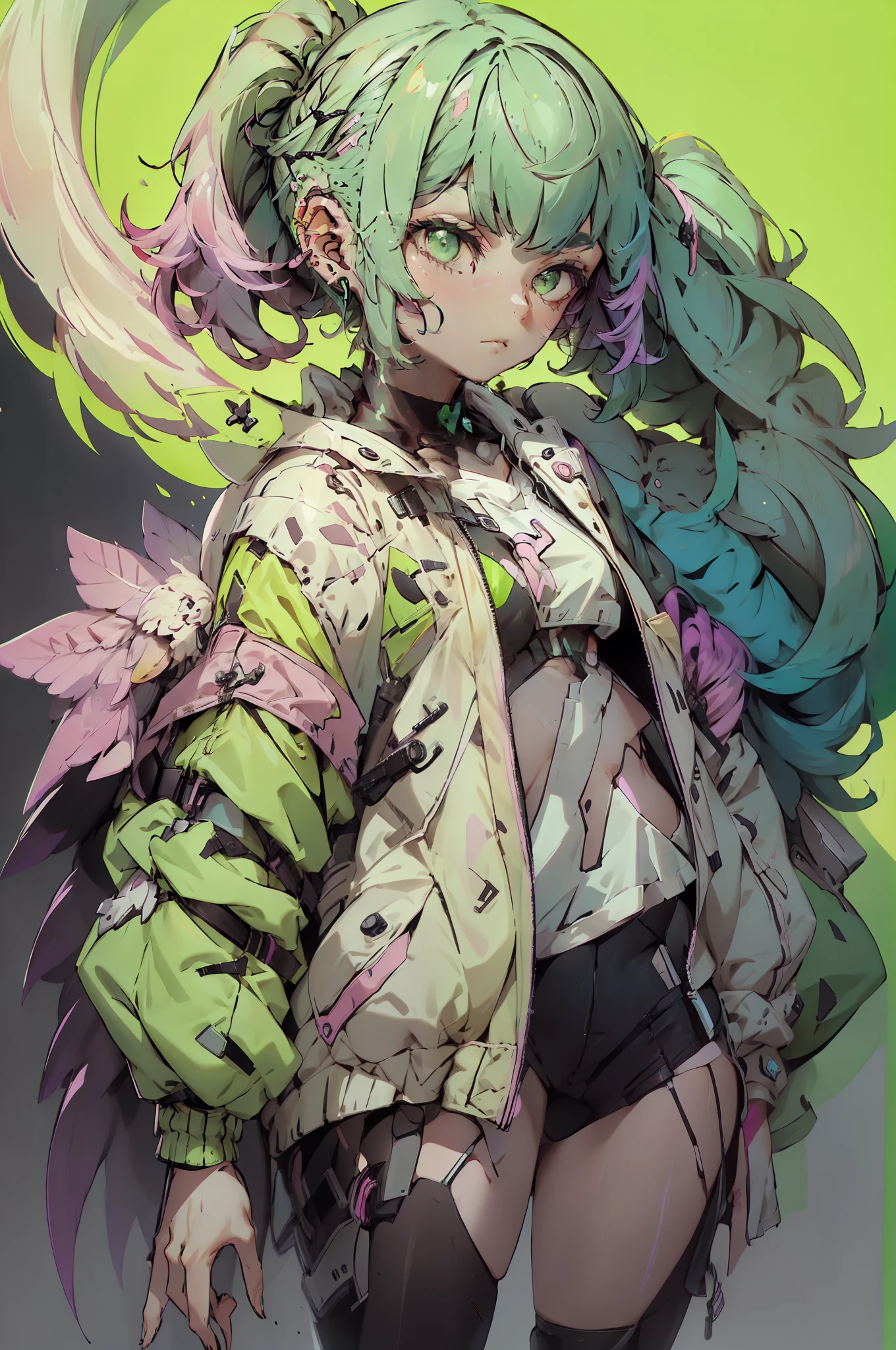 (split haired girl with pink and green),(Short Bangs with long hair),Split dye hair pink and green hair color,black tshirt,cyberpunk background,Oversized shirt,choker,