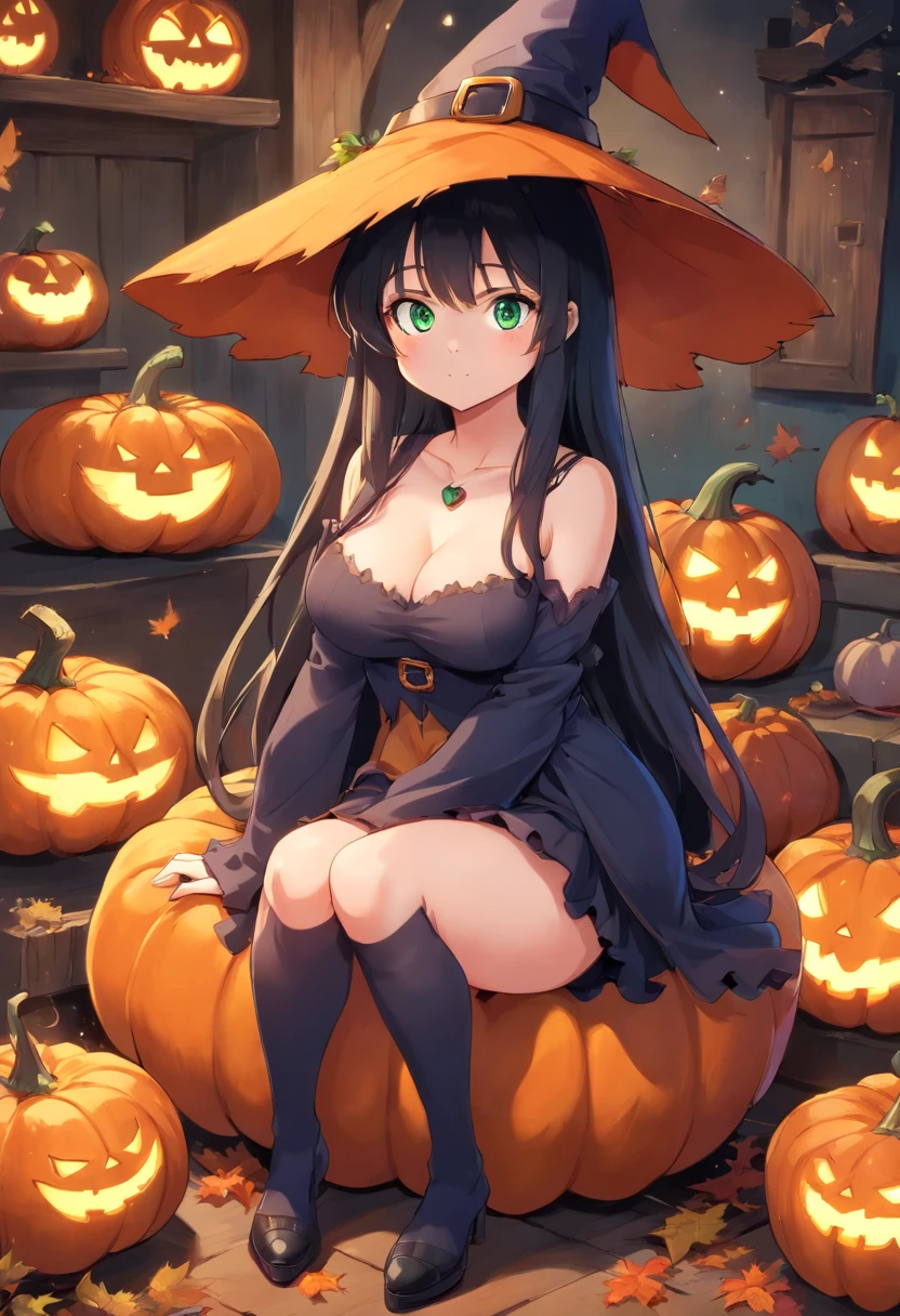 Curvaceous,1girl,sitting on 1spooky pumpkin,full body view,creepy pumpkins background,dressed as a witch,tall witch hat,thigh_highs,mini_skirt,large_hips,spooky,ghosts, Halloween, gigantic_breasts,cleavage cutout,blushing,ahegao_face,black-hair,green-eyes,heart-shaped_pupils,long_hair,tiny-waist,High detailed,