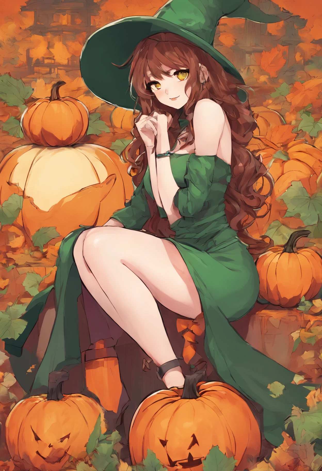 Curvaceous,1girl,sitting on 1spooky pumpkin,full body view,creepy pumpkins background,dressed as a witch,tall witch hat,thigh_highs,mini_skirt,large_hips,spooky,ghosts, Halloween, gigantic_breasts,cleavage cutout,blushing,ahegao_face,black-hair,green-eyes,heart-shaped_pupils,long_hair,tiny-waist,High detailed,