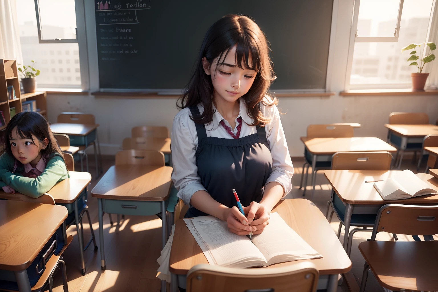 A teacher with -year as her students, desks, little chairs and tables, toys, colourful, whimsical, funny, highly detailed,