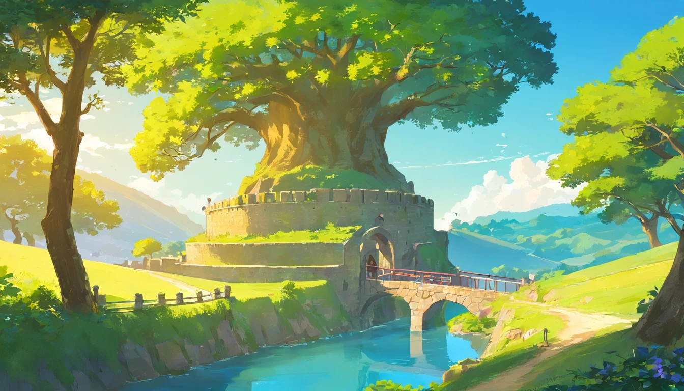 obra-prima, melhor qualidade, filme ainda, In the heart of the medieval landscape, Uma paisagem pitoresca se desenrola, aparentemente intocado pela passagem do tempo. Elevando-se sobre o horizonte, A majestic stone castle catches the eye. Suas paredes afuniladas, adornado com bandeiras desgastadas, Stand sentinel against the blue sky. A drawbridge, suspenso sobre um fosso tranquilo, liga o castelo ao exuberante, Floresta Esmeralda que a envolve, the trees seemingly whispering secrets from centuries past. A leste, A winding cobblestone path leads to a picturesque village nestled among rolling hills. Casas de campo com telhado de palha, suas paredes adornadas com hera, huddle together as if sharing stories of past generations. A century-old windmill, your candles are still a long time ago, It is a testimony to the toil of those who once worked on this earth. Beyond the village, A winding river reflects the amber hues of the setting sun. Stone bridges arch gracefully over its tranquil waters, ligando as margens onde as vinhas produzem cachos de uvas, Safras futuras promissoras. No horizonte distante, A dense forest of ancient oaks and towering pines stretches as far as the eye can see, Its dark green canopy houses numerous mysteries. acima, The sky is a cerulean canvas, framed by cotton-like cloud threads. A paisagem, a harmonious blend of architectural wonders and unspoiled nature, evokes the timeless beauty of a medieval world frozen in the tapestry of history, (Sparks: 0,7)