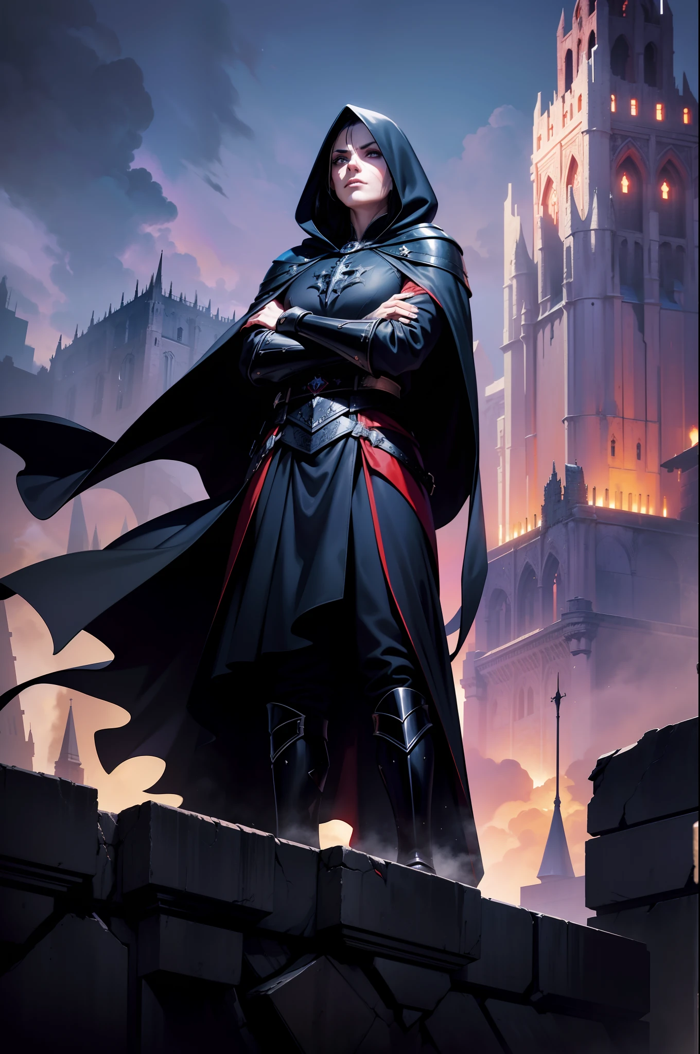 An adult mage character wearing a hooded robe and Gothic armor with black details accompanied by an adult mage character wearing a robe, capuz. Authoritarian posture face with serious expression, cabelo na cor dourada liso, a remarkable beauty, Magnificent, cor azul dos olhos, Purple sky with magnificent clouds, arms crossed in imposing pose and on top of a tall rock, cabelo curto, Black and red Gothic armor, huge red cloak fluttering in a position due to the touch of the wind and on top of a tower ruins, chovendo, noite chuvosa