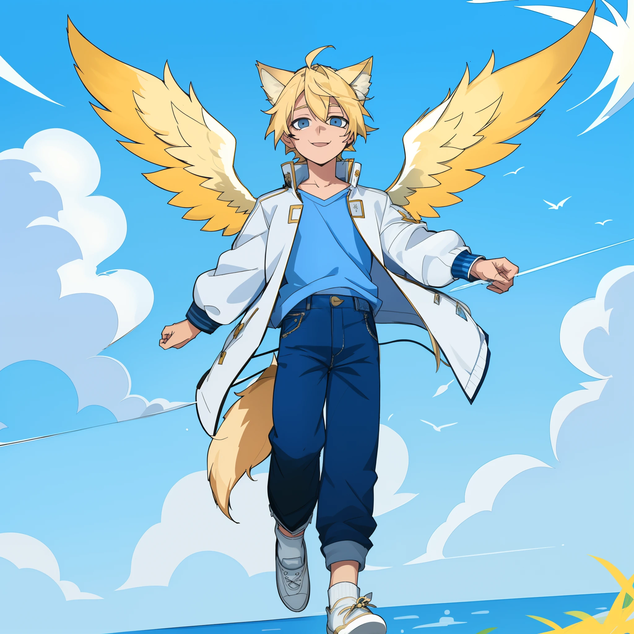 cabelo que cobre orelhas, hair messy, olhos azuis, botas brancas, menino, blonde hair, orelhas de lobo loiro, Cauda de lobo loiro, Asas Angelicais, olhos azuis, sorriso inocente, camisa azul, white jacket, blue jeans, sapatos brancos, Meias brancas,