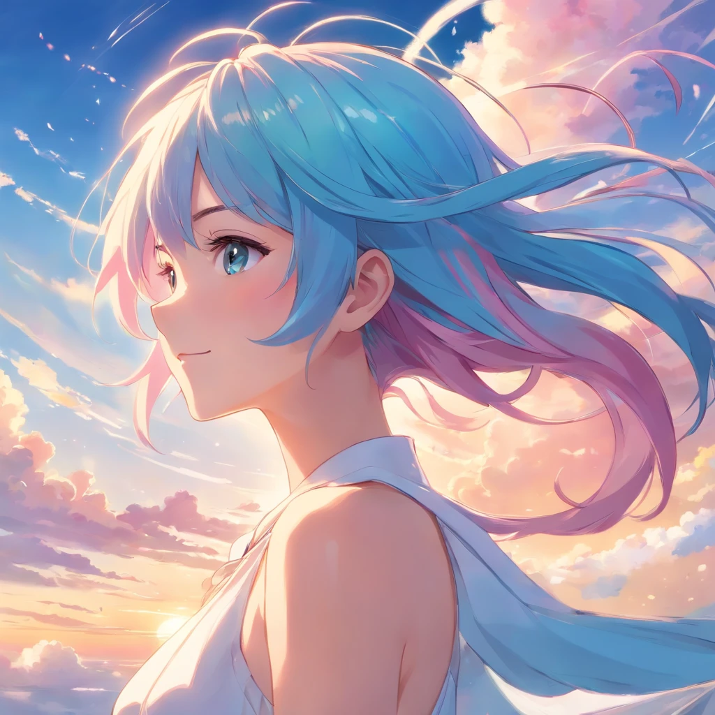High quality, Very detailed, Clear Image, Profile anime girl, With long light blue and pink hair, Hair in the wind, Golden Eyes, Smiling,shiny earrings, White Dress, close to the body, Blue sky, With moving clouds