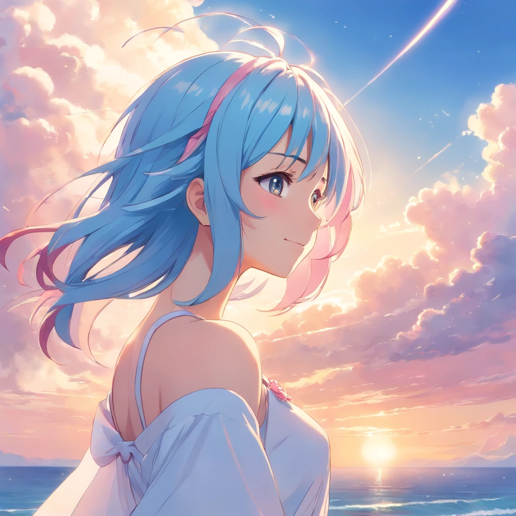 High quality, Very detailed, Clear Image, Profile anime girl, With long light blue and pink hair, Hair in the wind, Golden Eyes, Smiling,shiny earrings, White Dress, close to the body, Blue sky, With moving clouds
