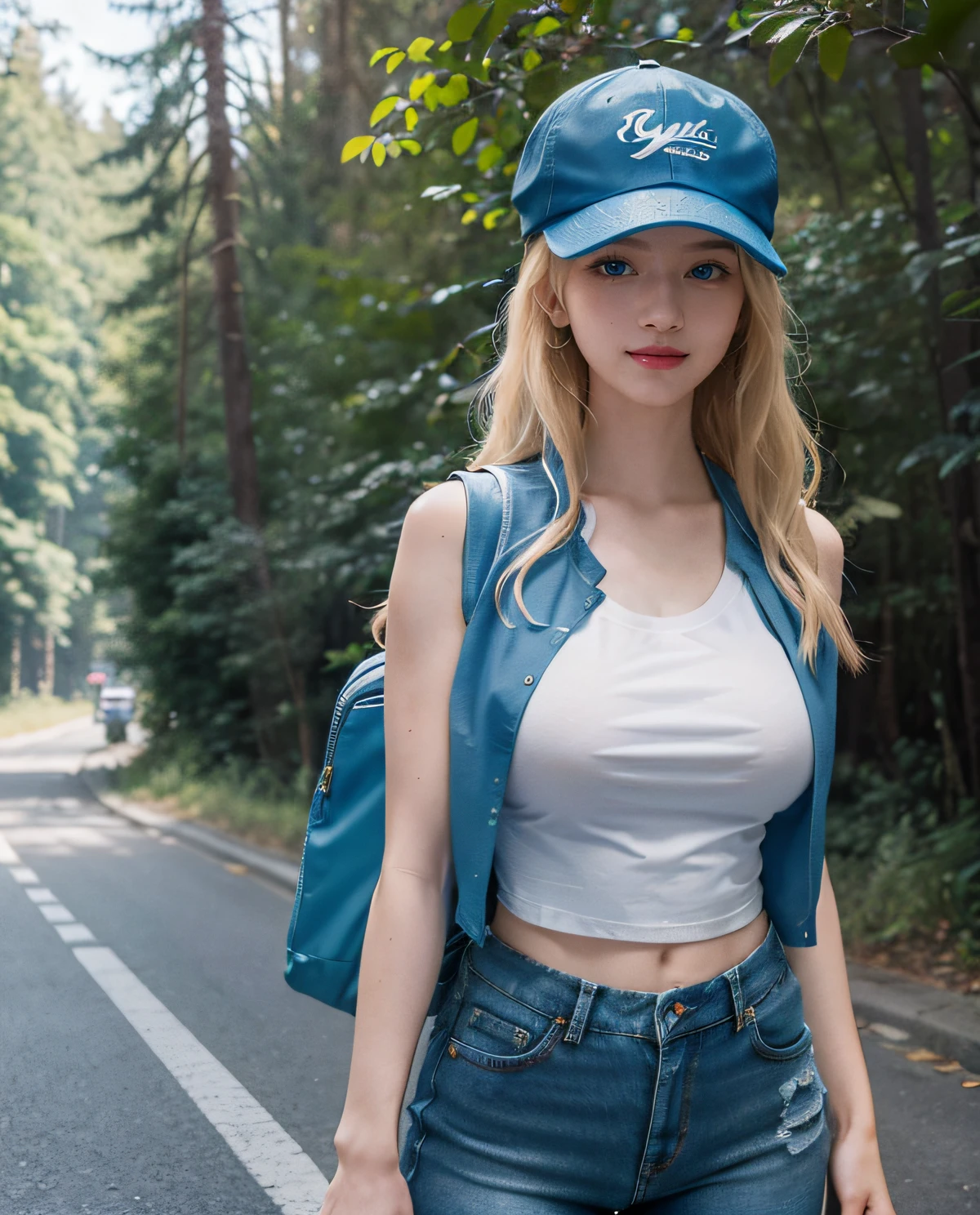 1girl, (Blue eyes), smiling, (Sana Minatozaki), wide hips, Big Boobs, big ass, (Best Quality, 8k, Masterpiece: 1.3), Clear Focus: 1.2, Perfect Body Beauty: 1.4, Slender Abs: 1.2, Highly detailed face and skin texture, detailed eyes, double eyelids, red lips, (blonde long hair), (white t-shirt), (long blue vest :1.2), (tight jeans), (sports cap :1.2), (backpack), standing, (on a road), trees in the background, deep on field