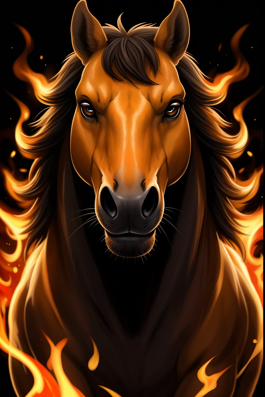 Fire horse running through the fire with a black background, fire and flames mane, Cavalo digital, fiery coloring, stunning digital illustration, Horse, fires!! hiper-realista, fogoso, paper awesome wallpaper, Amazing, arte digital animal foto, Arte digital alucinante, Papel de parede - 1 0 2 4, ardente, papel de parede hd, tiro de close-up, engolfado em chamas turbulentas