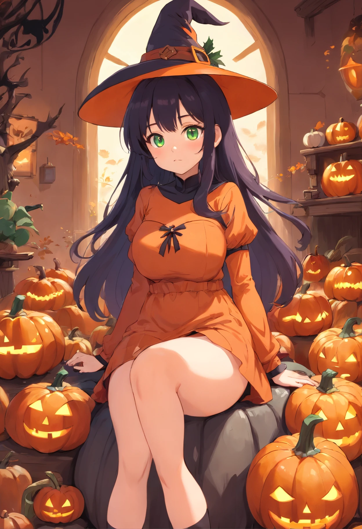 masterpiece,1boy,black hair reaching to the ear,big eyes,no pubic hair,depilated, looking at viewer, naked chest, against the background of the moon with stars, sitting on the grass,happy face,in the background there are flashes of fireflies and Japanese pumpkin style lanterns,lilies