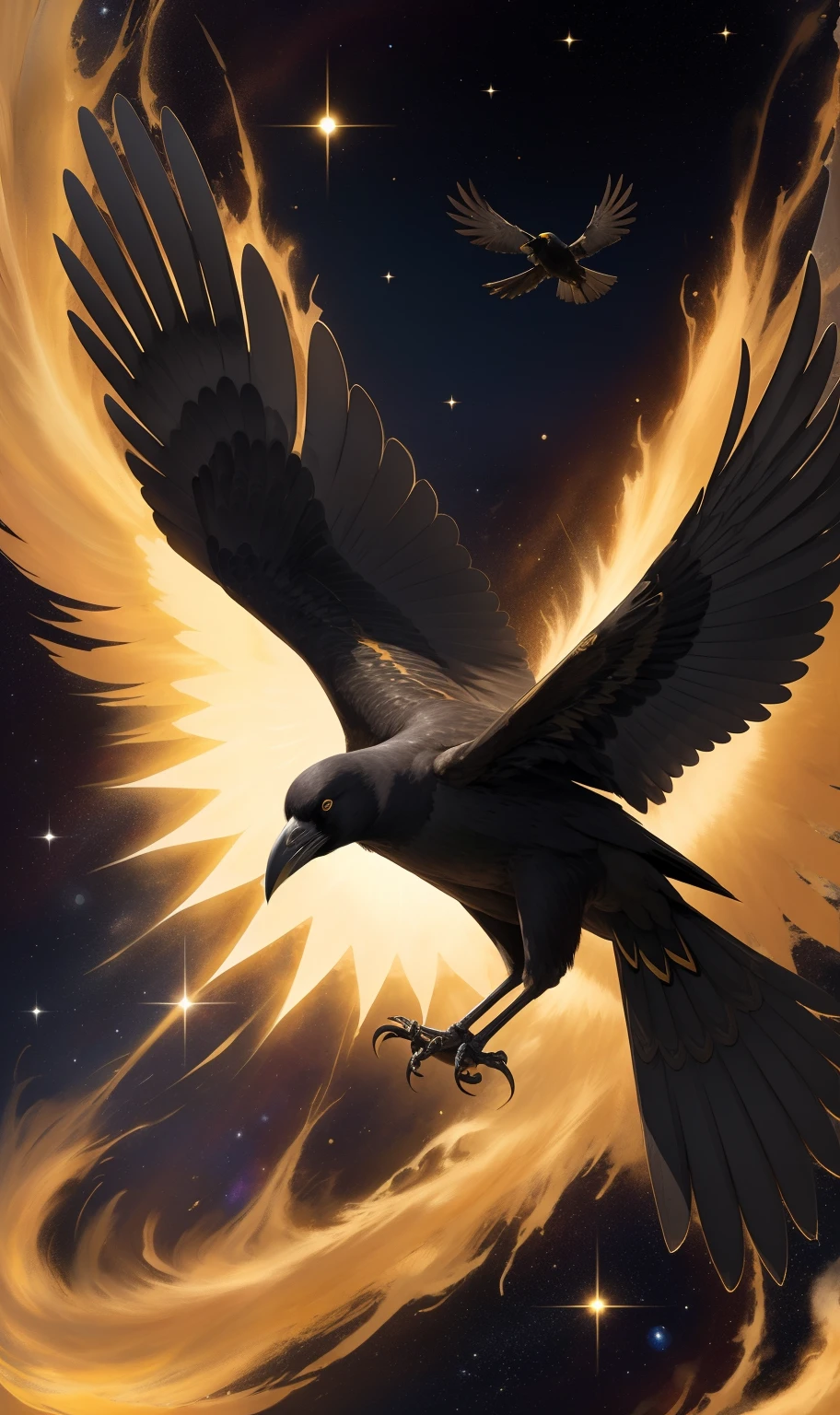 A space of golden light、A crow with one wingspan spread、((Three-legged))、Stop on the wand