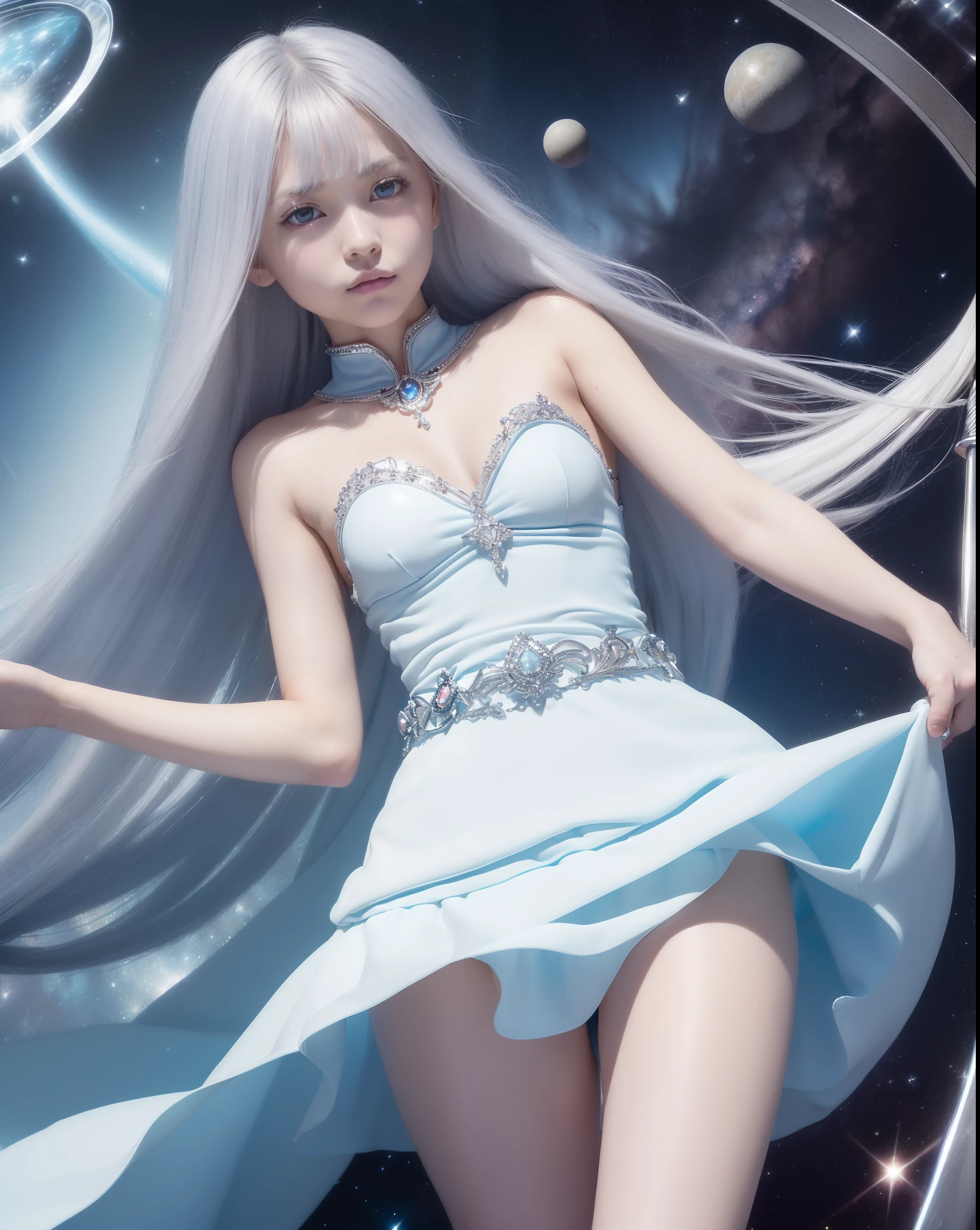 An ultra-high picture quality、(((full body Esbian)))、frontage、bilaterally symmetrical、((The background is a very dark Milky Way))、(((Planktonic)))、colourfull、muitoﾘｱﾙHuman texture、 ((( very cute beautiful skinny prague white girl)))、((Very white skin of a 14-year-old uca girlth blood vessels showing through))、(((very long and high nose of a white woman,,,,,,,,,,,,,,,,,,,,,,,,,,,,,,)))、(((Under the short nose)))、(((no-makeup)))、( Height 164 cm、head length 20 cm、leg length 82 centimeters,)、Normal shoulder width、Long arms、Long Torso、long neck、Long below the knee、Thin little face、Natural double eyelids、 (1girl in:1.3),  Light persona, Dark Persona, mind control, fractral, ceiling, Artistic background, Geometric, organics, blessings, favor, noble, unfolded, elucidation, antigravity, Antimatter, holy, Sacred, spiritual, Dignified, Luminescent, Holographic, About Magic Circle, photons, scales, Beak,(artistic)、(((The most fantastic bright light blue eyebrows))),,(((Ultra high resolution pale light blue silver hair and silky thin shiny eyebrows,,)))、(((Super luxurious petite see-through Western style long dress full of luxury accessories)))、(((Beautiful white skin with hair and pores,)))、(((Extremely delicate and brightly colored targets)))、(((Beautiful glowing caucasian woman with bright light blue iris iris eye with ultra high definition pattern)))、(((I love you))),(((Small drooping eyes with a gentle feeling)))、(((very thin eyelashes)))、(((Realistic naked eye)))、High Definition Lip、(((Cute girlish hairstyle spreads softly..............................)))、(((A Princess)))、(((large chest directed upwards in a very three-dimensional pointed shape,,,,,,,,,,,,,,,,,,,,,,,,,,,,,,)))、(((Dreams)))、(((Your imagination)))、(((Fluffy High Half Twin Tail Hair)))、Luxurious Princess Tiara、Luxury Princess Necklace、(((Looking at the camera)))、(((A gaze to look here)))、((With movement))、(((princess dress)))、(((valkyrie)))、(((Reflective iron bikini armor)))、((s Armor)),N