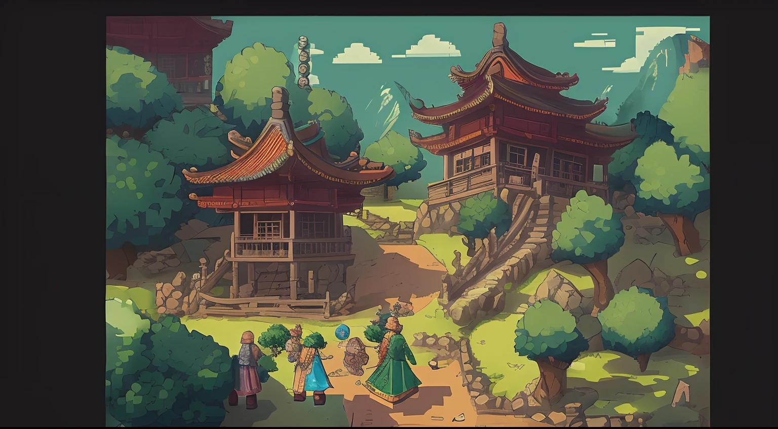 Chinese Ancient Times,Cartoon town close-up, Detailed game art, ultra detailed game art, detailed pixel art,