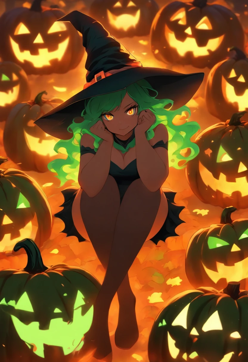 Curvaceous,1girl,sitting on 1spooky pumpkin,full body view,creepy pumpkins background,dressed as a witch,tall witch hat,thigh_highs,mini_skirt,large_hips,spooky,ghosts, Halloween, gigantic_breasts,cleavage cutout,blushing,ahegao_face,black-hair,green-eyes,heart-shaped_pupils,long_hair,tiny-waist,High detailed,