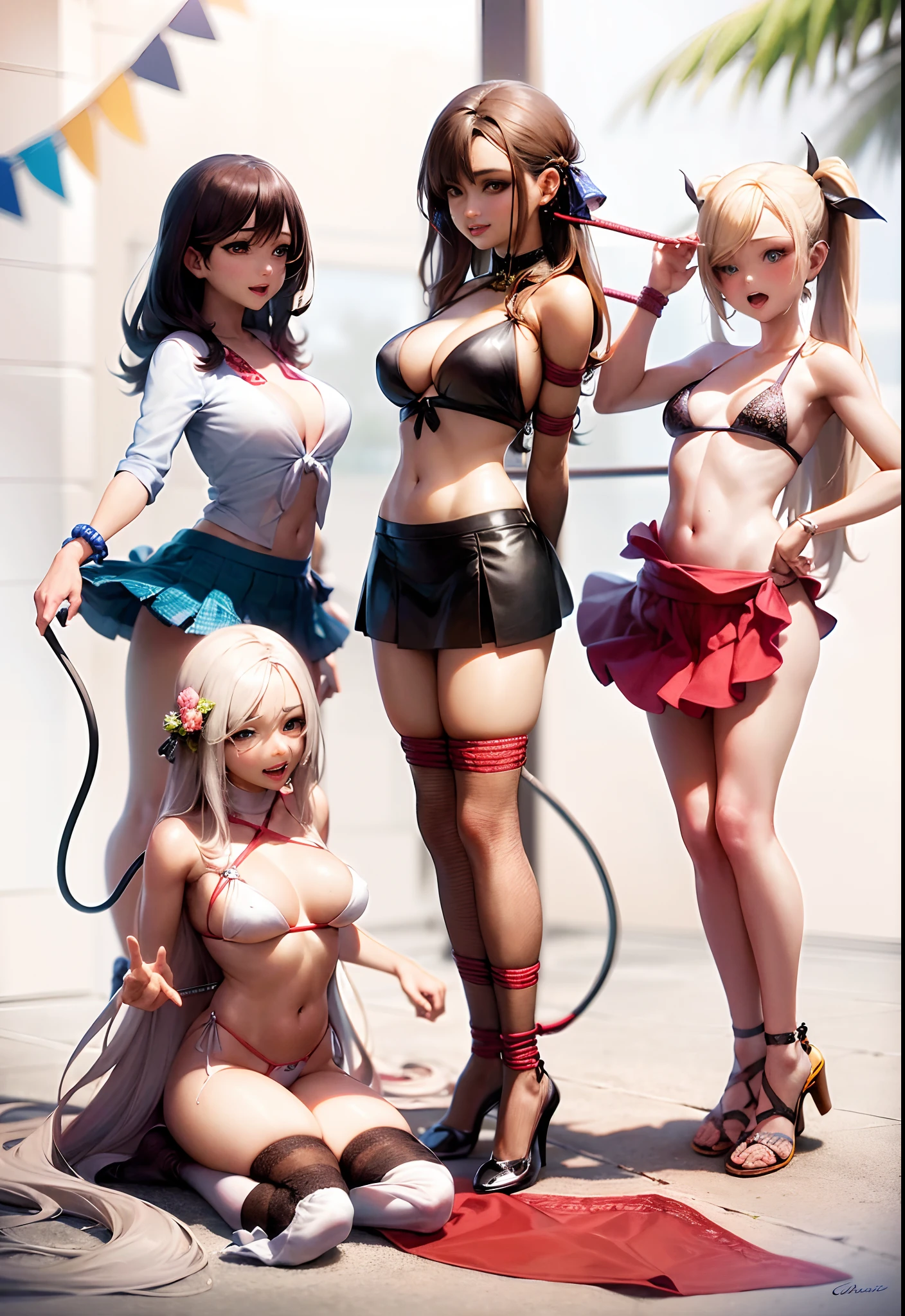 Three anime girls in bikini are tied up and tied up, estilo anime ecchi, Estilo anime dos anos 80, Estilo Ecchi, fanart oficial, em estilo anime,BDSM,Shibari,cadeia,fetters,slavery,tortura,dungeon,cativeiro,escravo,vestindo uma fantasia rasgada,orgasmic,muito suor, Exaustivo, Realistic, rosto corado, 8k, um extremamente delicado e belo, Awesome, belos olhos detalhados, olhando para o espectador, fundo de praia com palmeiras, realista8k, um extremamente delicado e belo, Awesome