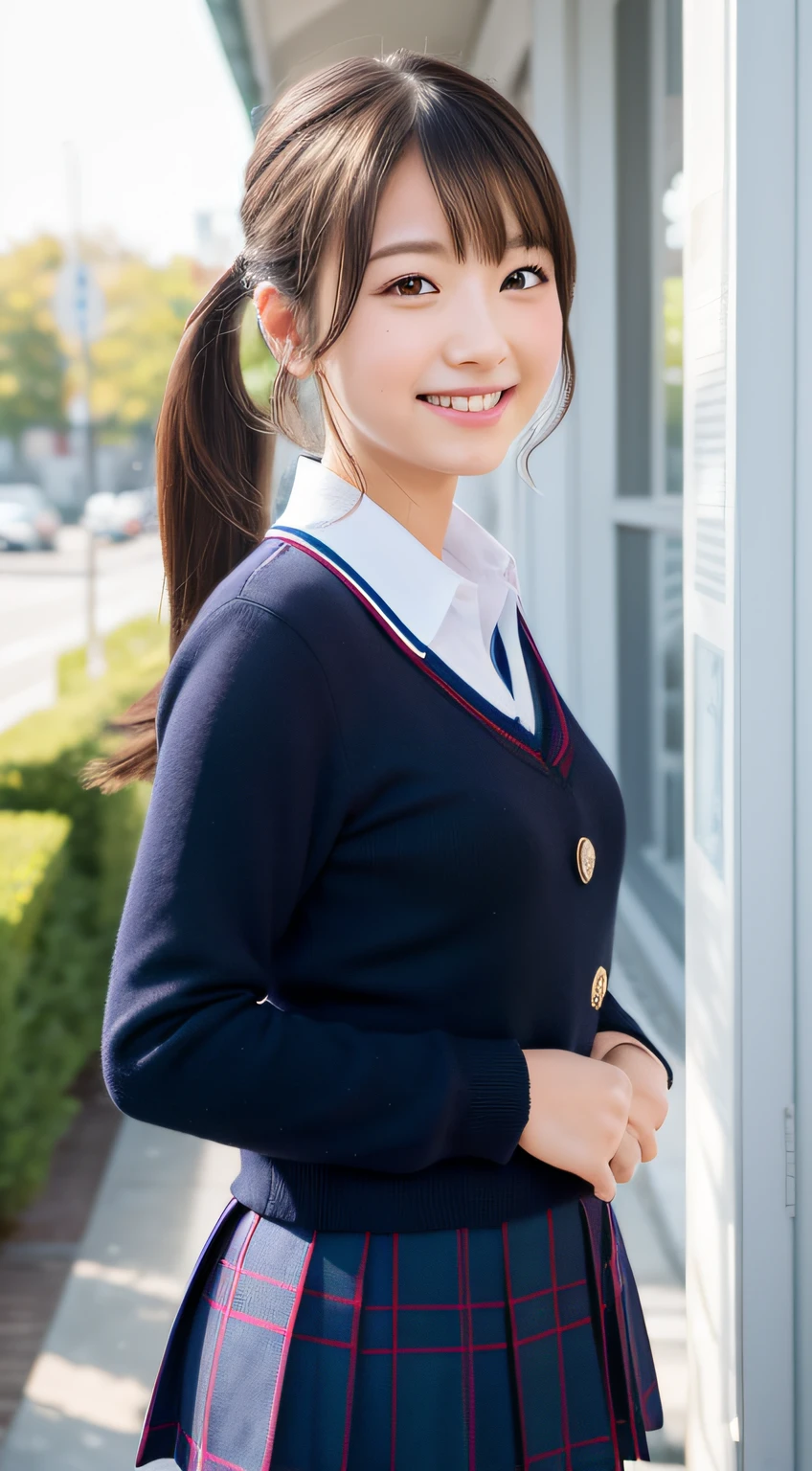Enhanced dynamic perspective,Cute cute beautiful girl,JK school uniform,Look at me and smile,simple backgound,Works of masters,high qulity,4K分辨率,super-fine,Detailed pubic hair,Accurate,Cinematic lighting,poneyTail、