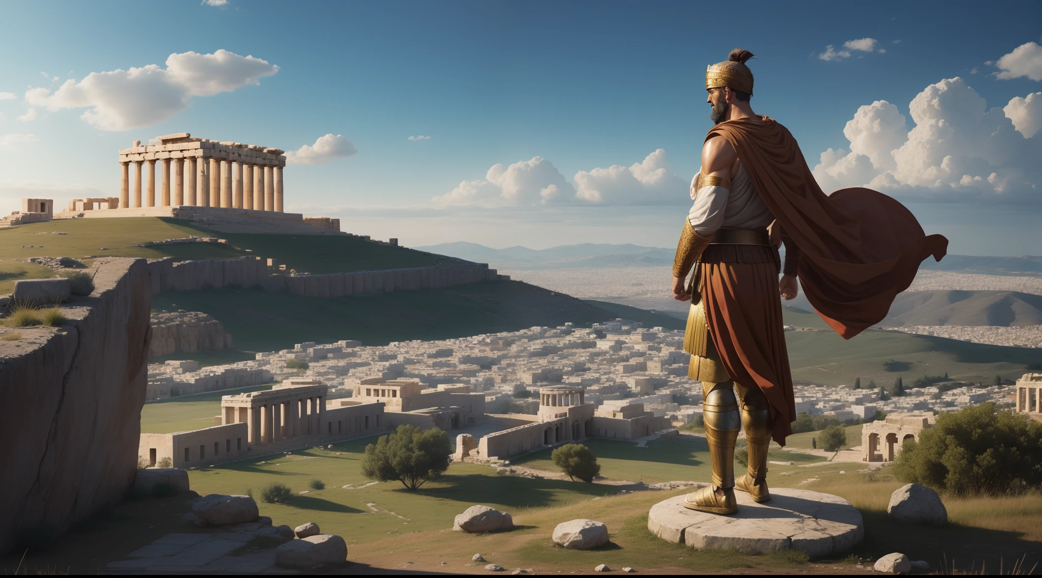Themistocle the Athenian warrior and general wearing a toga, standing alone on a hill looking at a distant stone city