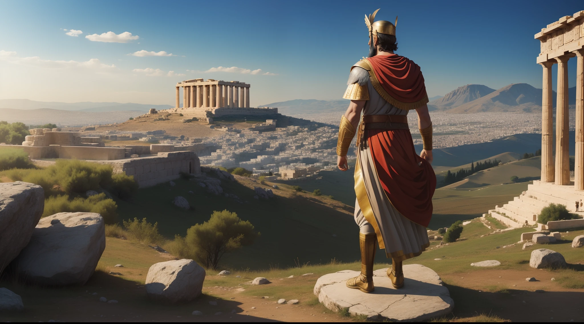 Themistocle the Athenian warrior and general wearing a toga, standing alone on a hill looking at a distant stone city