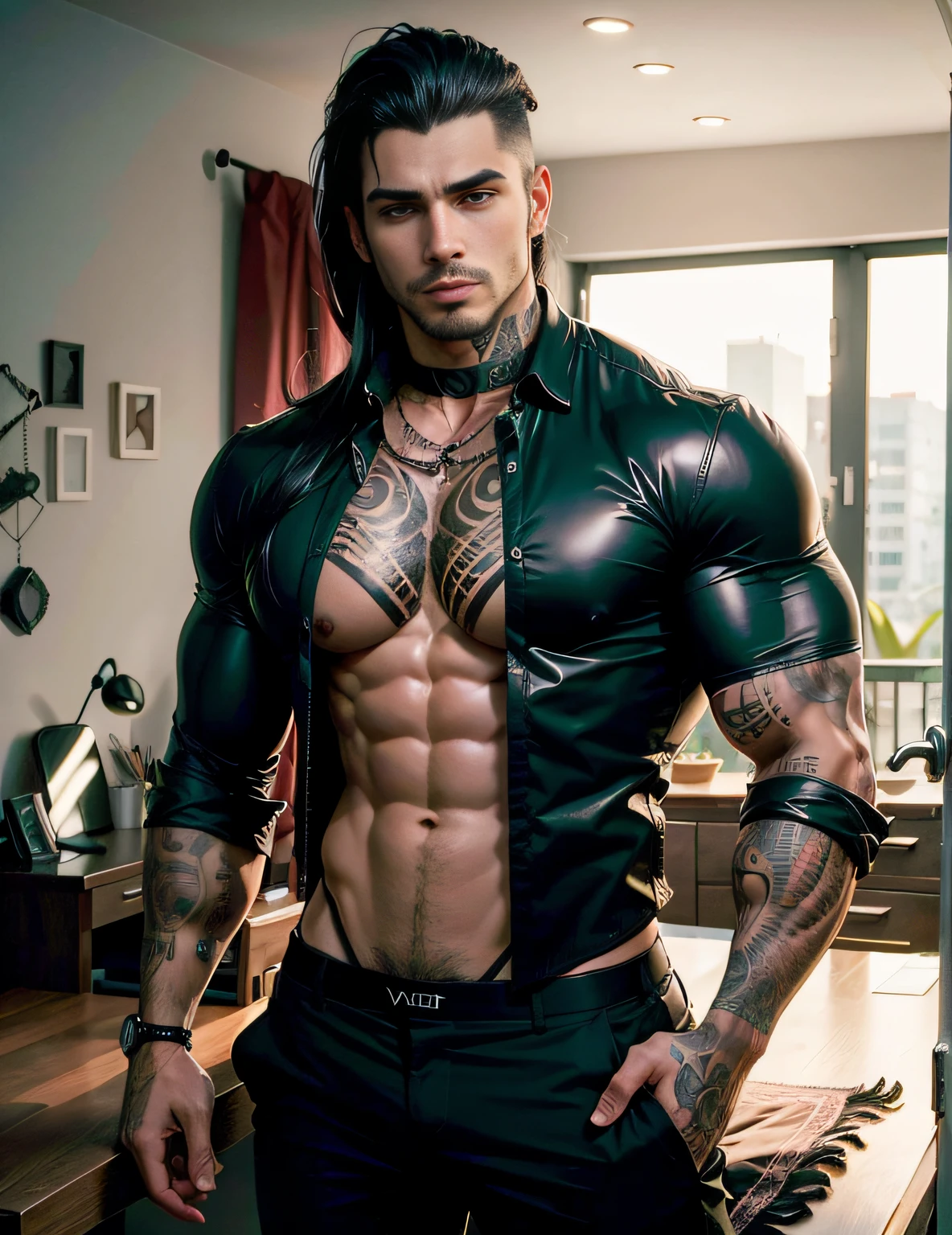 Homem musculoso, roupa de couro preto, tattoos, cabelo longo, vampiro