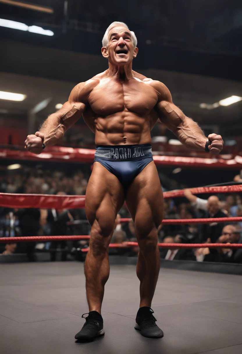 Ron Paul, bodybuilder, Muscular, Sleeveless skinny suit of 3 pieces, realistic photo, 8k resolution, A highly detailed, 巨作, Shouting at politicians, Strangulation of politicians