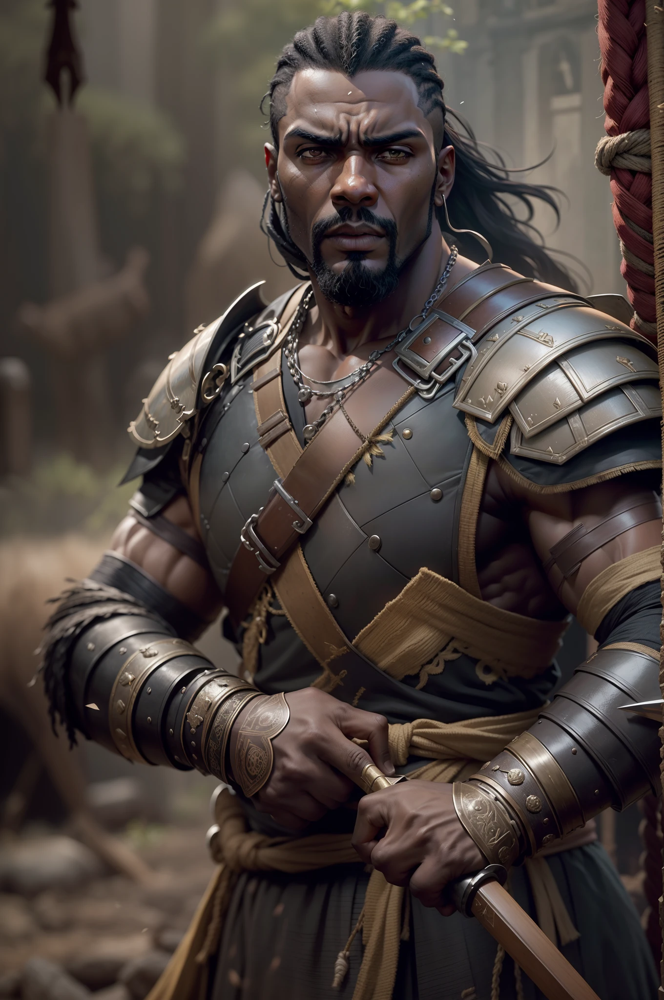 There is a man with almost black skin and straight, black hair wearing full weapons armor, holding a helmet in his left hand and an imposing spear made of obsidian in his right hand, Pano Distante, imagem de um guerreiro masculino adulto, Era Medieval. Armadura Medieval. Boar Spear. Homem africano, man is with black skin, Mortal Kombat, Modelos de Yasuke, filme ainda de god of war, Barry Qindsor-Smith, homem guerreiro, ator. Idris Elba. Rayleigh. Henry Cavil.