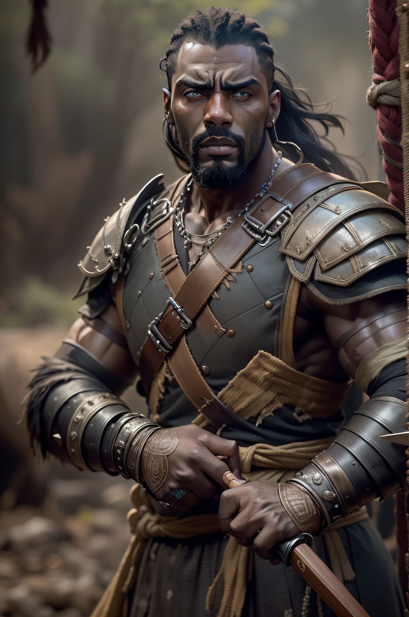 There is a man with almost black skin and straight, black hair wearing full weapons armor, holding a helmet in his left hand and an imposing spear made of obsidian in his right hand, Pano Distante, imagem de um guerreiro masculino adulto, Era Medieval. Armadura Medieval. Boar Spear. Homem africano, man is with black skin, Mortal Kombat, Modelos de Yasuke, filme ainda de god of war, Barry Qindsor-Smith, homem guerreiro, ator. Idris Elba. Rayleigh. Henry Cavil.