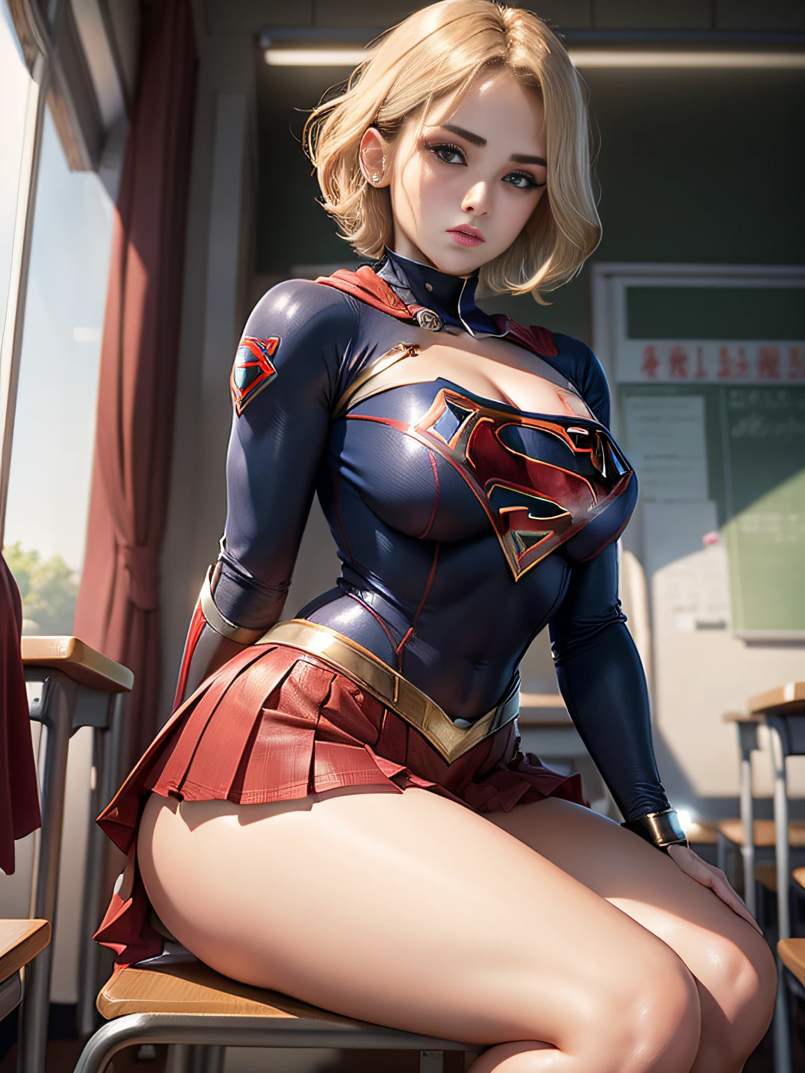 masterpiece、Short-haired Supergirl transforming in school classroom、large full breasts、Looking at the camera、Glossy costume、Crotch、Red Super Mini Pleated Skirt、Straddling a chair barefoot with legs wide open、