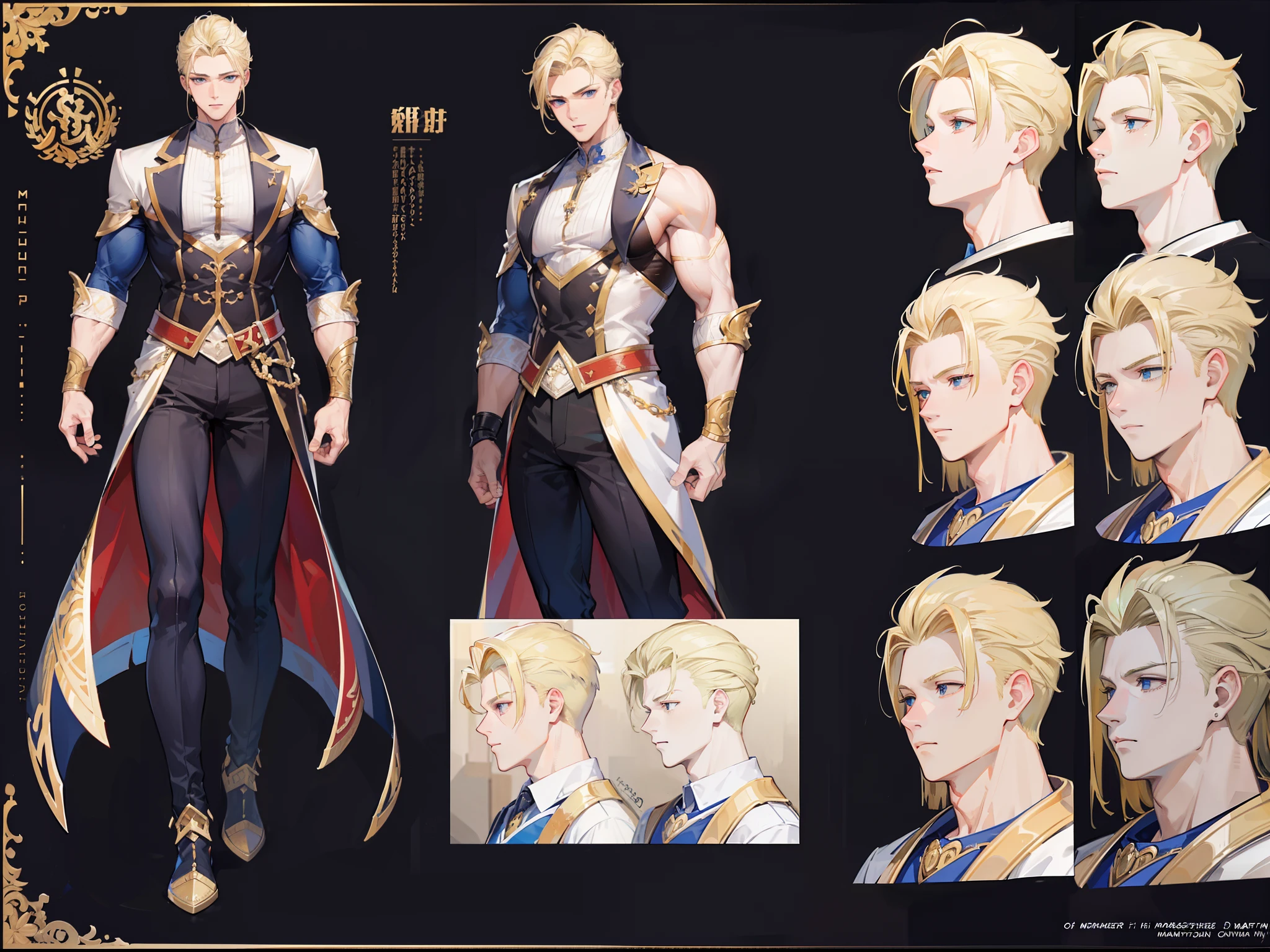 ((Masterpiece, Highest quality)), Detailed face, character design sheet, full bodyesbian, Full of details, frontal body view, back body view, Highly detailed, Depth, Many parts, Muscle boy with long blonde hair,handsome man, muscle body, Traditional chinese clothes, Genshin Impact, man tall
