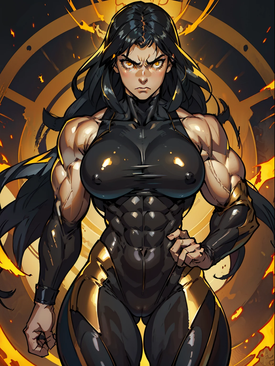 ((1 girl)), solo, black hair, extremely long hair, yellow eyes, (angry), pale skin, (((((((muscular))))))), ((thick thighs)), ((huge breasts)), (((black and golden body suit))), (((wide hips))), (shiny skin), dark atmosphere, shadow