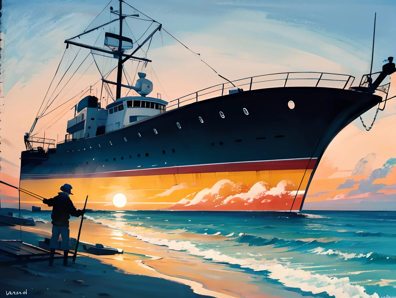 A fisherman painting a fishing boat with bright light and a large shadow
