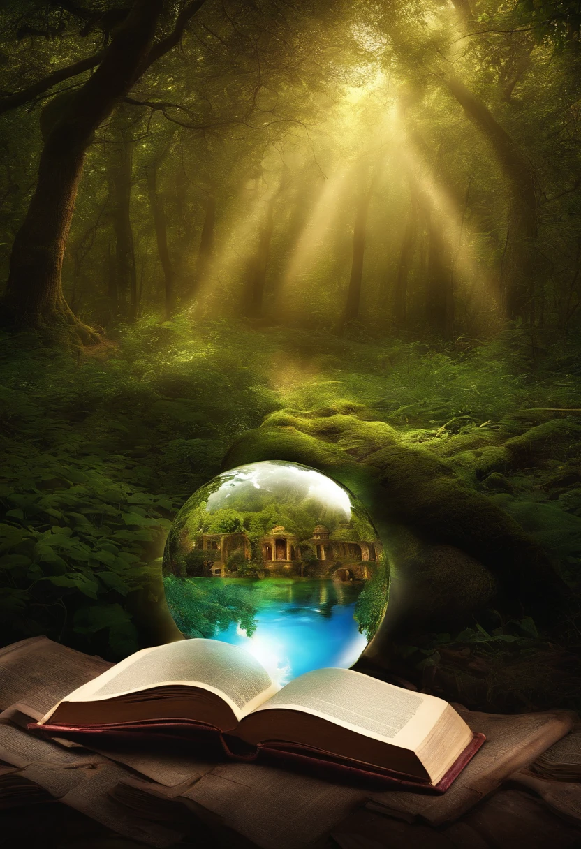 open old book, with magic effects around, inside the book an enchanted city, book inside a globe, with a background in a special forest in high resolution
