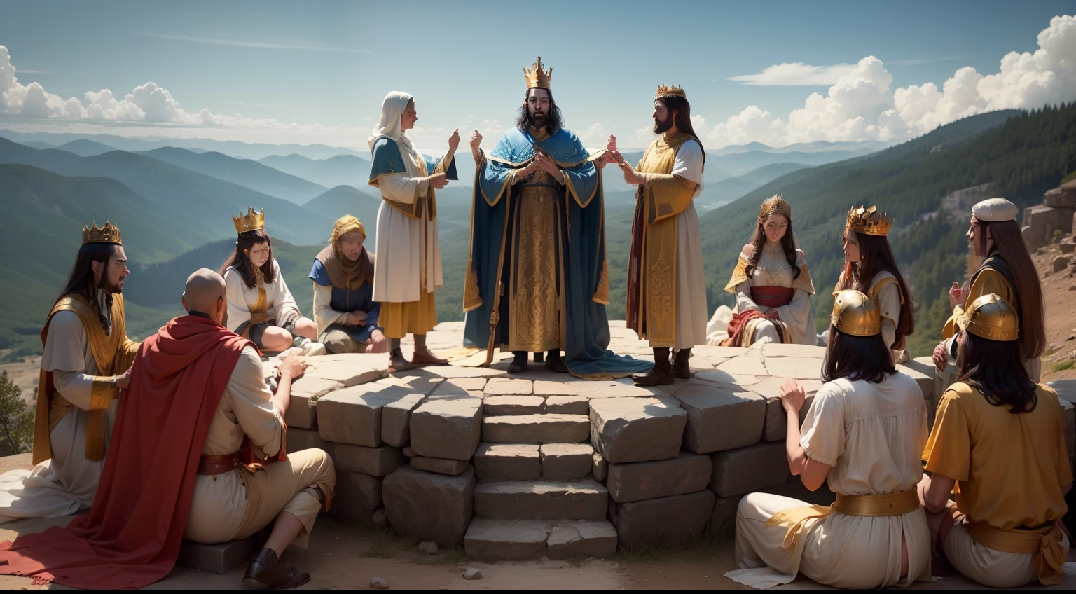 Biblical times King being crowned in biblical times many person on a mountain and six people