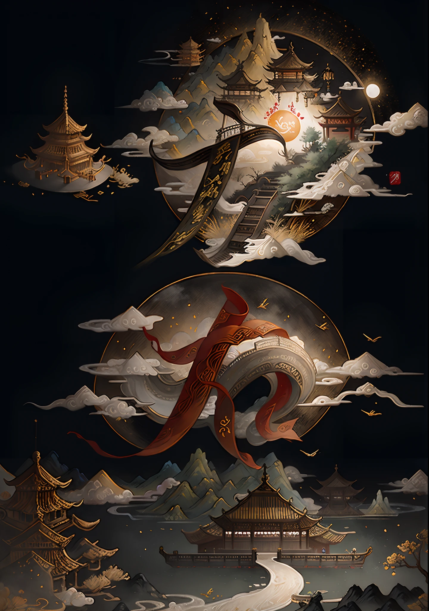 An ancient Chinese painting, ancient Chinese background, mountains, rivers, auspicious clouds, pavilions, sunshine, masterpieces, super detail, epic composition, ultra HD, high quality, extremely detailed, official art, unified 8k wallpaper, Super detail, 32k -- v 6