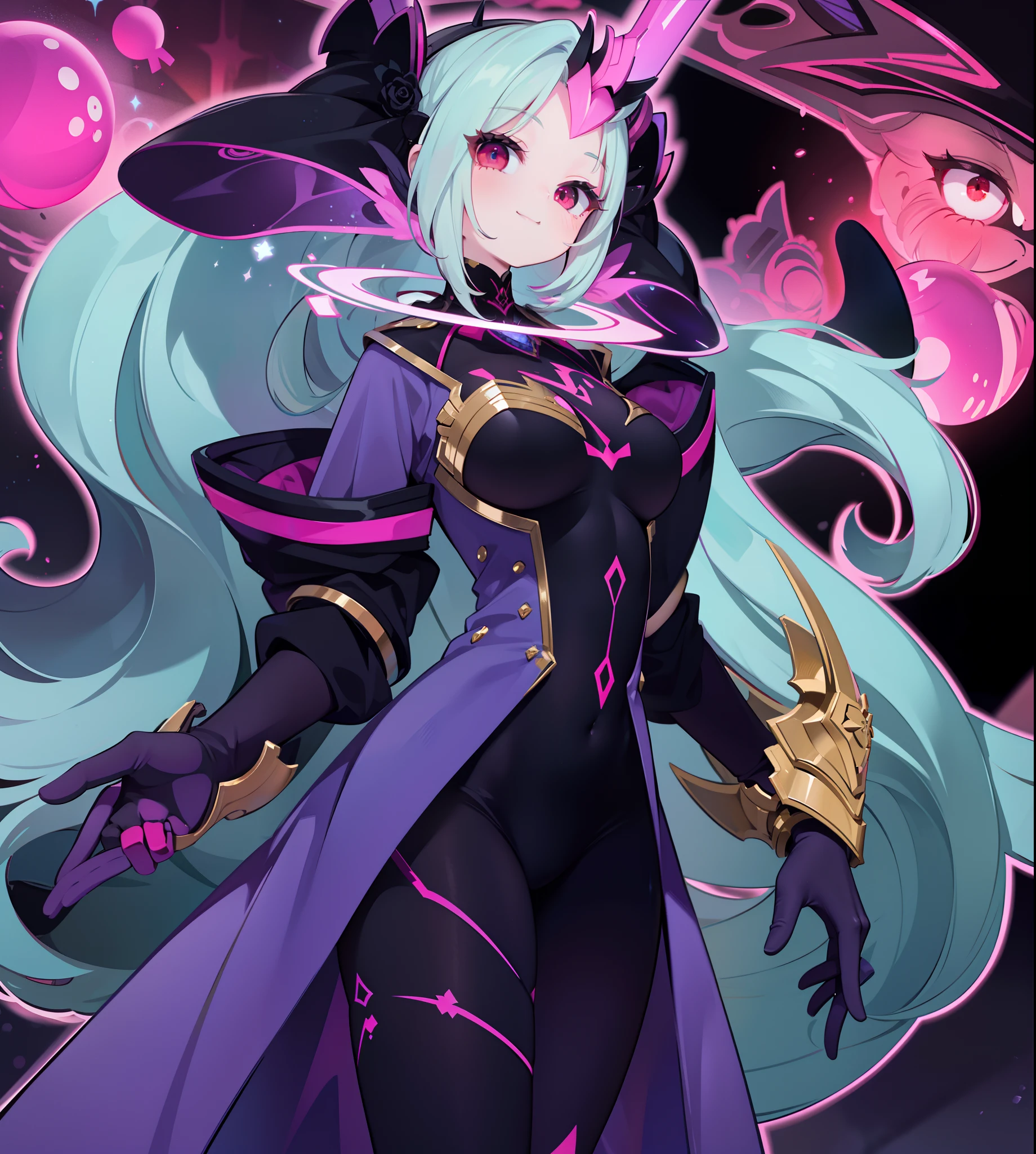 masterpiece, best quality, highres, aabeta, double bun, hair ornament, white bodysuit, black gloves, white thighhighs, <lora:beta_v1:0.7>, outdoors, hand on hip, evil grin, standing
