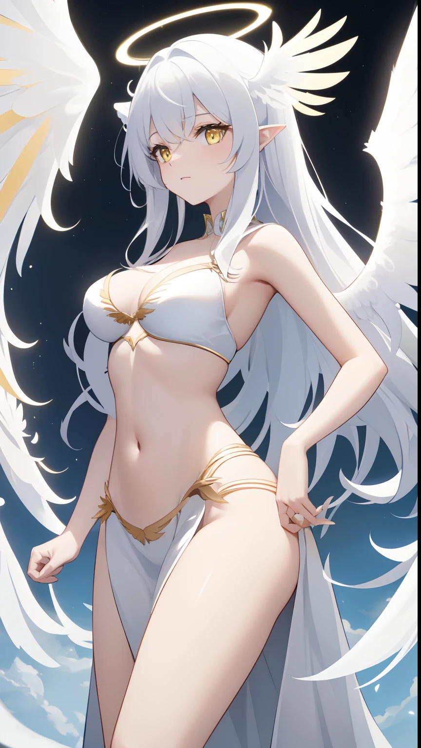 (angel, angel wings, halo, feathered wings, glowing wings, mechanical wings, multiple wings, spread wings, single wings, yellow wings) with a female predominant, with long hair, normal breasts, navel visible, pelvic curtains, white feathers, solo, white wings.