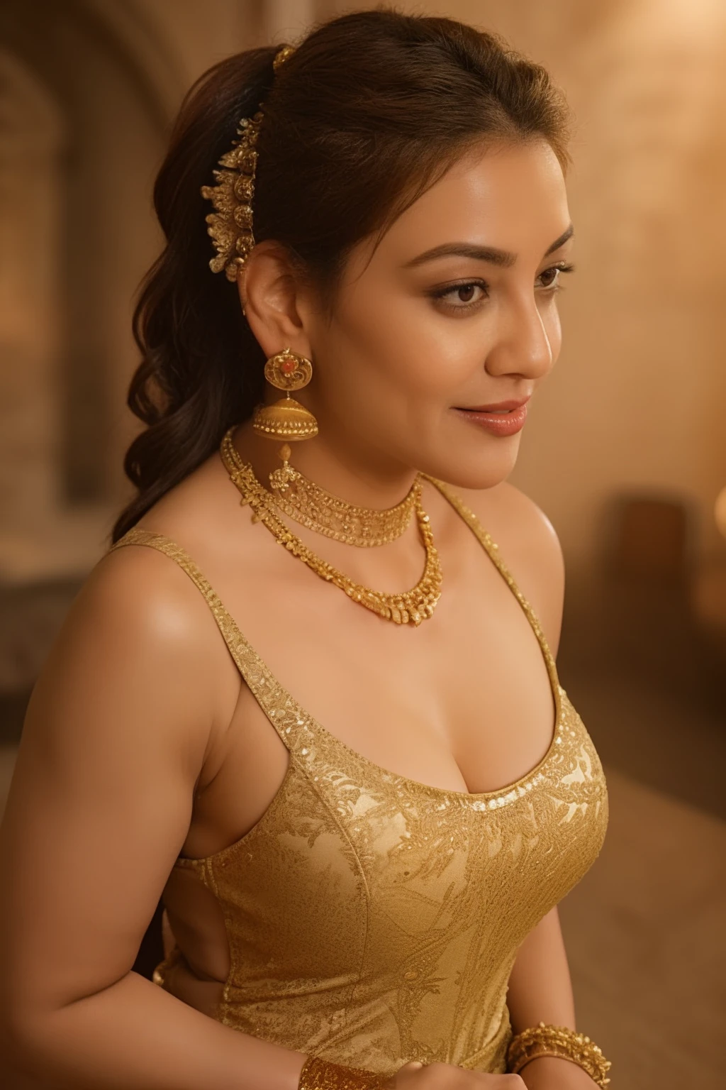 Day scene, close up photo of a sexy milf Indian queen, posing in a palace, big cheeks, super stylish dress with wide open breasts, accessories, earrings, necklace, erotic face, 36 yo, ponytail, look at viewer and smile, (cinematic:1.3), intricate details, (ArtStation:1.2)