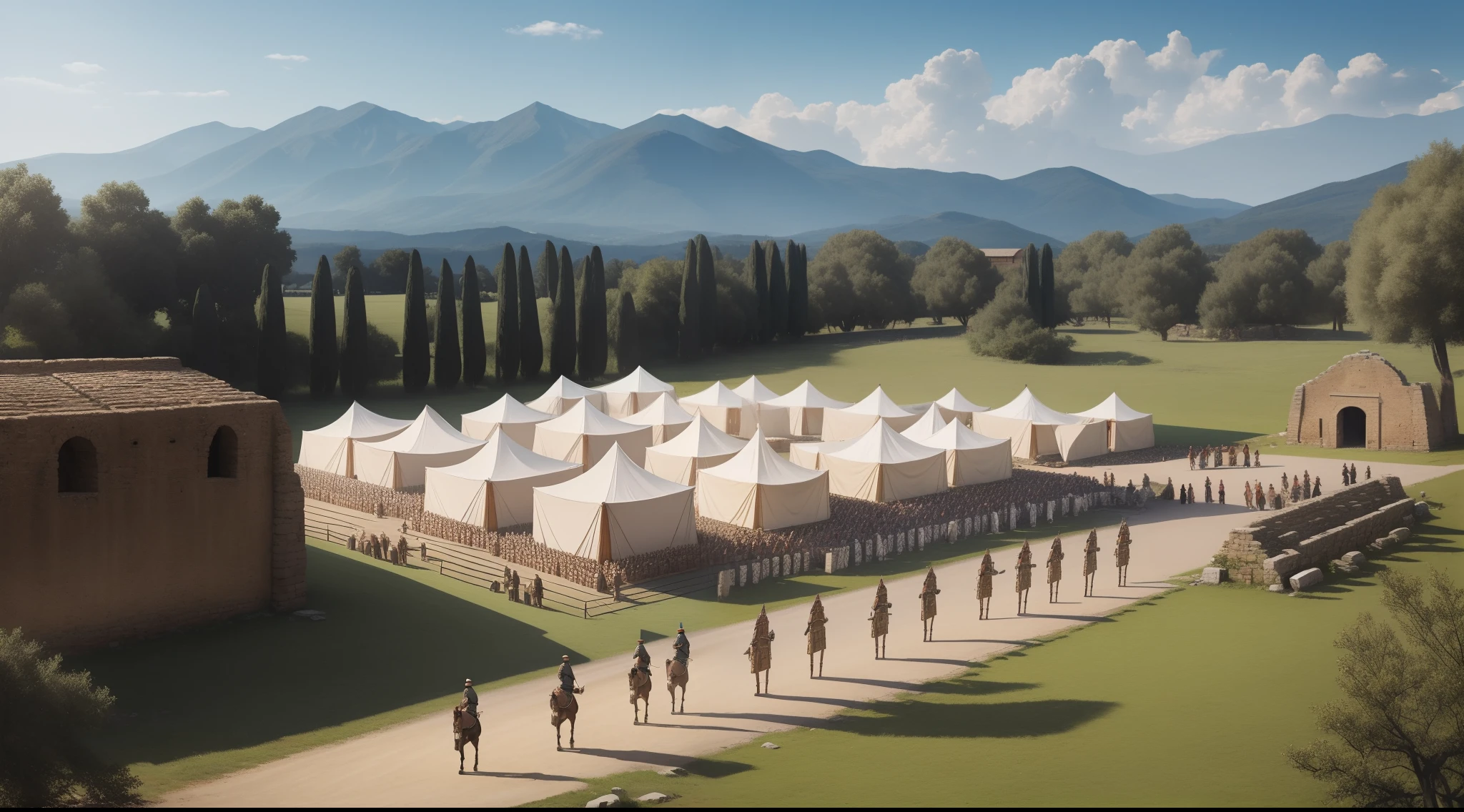 An ancient roman camp, square wooden palisade, white tents and soldiers patrolling, realistic, historic