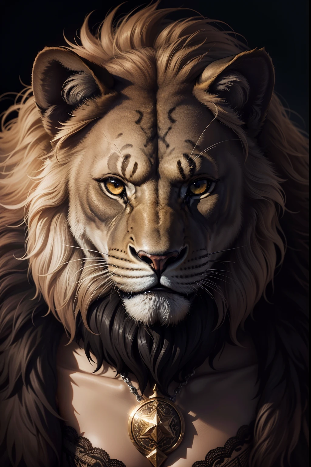 a dark lion with a brave and focused face , midnight, realistic