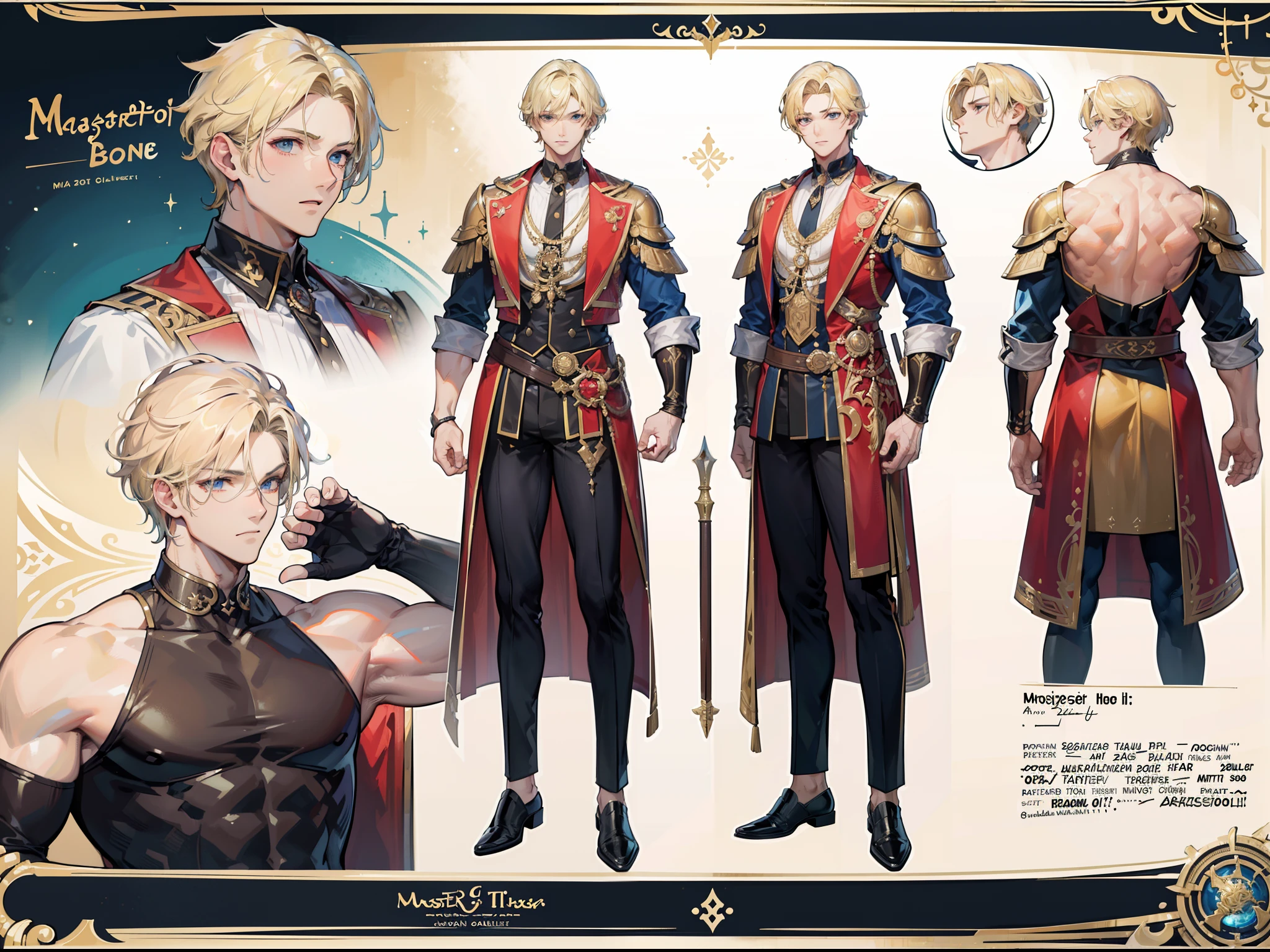 ((Masterpiece, Highest quality)), Detailed face, character design sheet, full bodyesbian, Full of details, Multiple expressions, Highly detailed, Depth, Many parts, Muscle boy with blonde hair,handsome man, muscle body, outfit male gods, man tall