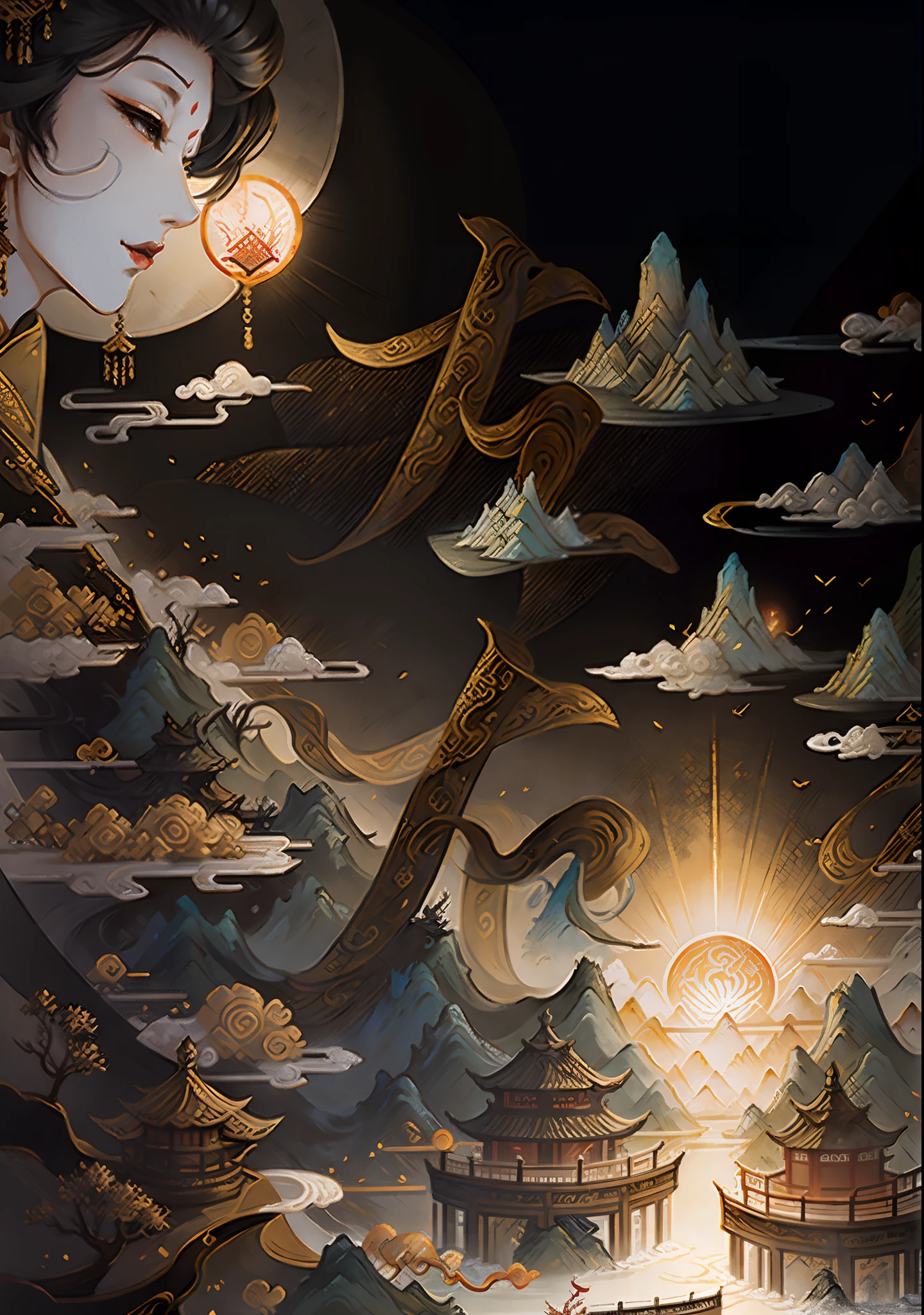 An ancient Chinese painting, ancient Chinese background, mountains, rivers, auspicious clouds, pavilions, sunshine, masterpieces, super detail, epic composition, ultra HD, high quality, extremely detailed, official art, unified 8k wallpaper, Super detail, 32k -- v 6