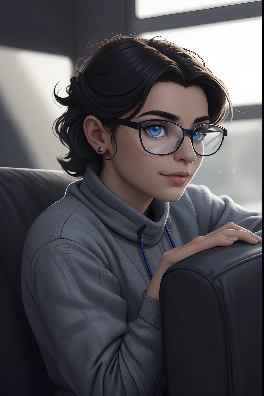 Woman with glasses sitting on a couch with a furry , aluna hiperrealista, com rabo-de-porco preto, character is in her natural pose, imagem ultra realista, Commission for High Res, nerdy black girl super hero, With eye Glasses, uma aluna hiperrealista, thick glasses, estilo de arte fotorrealista, photorealistic illustration, estilo de arte realista, Realistic student cosmic fallen angel, olhos claros brilhantes, Biomechanicals, estranho, assustador, Pesadelo, cores muito brilhantes, light particles, com luz brilhante, Mshiff, Arte do papel de parede, Papel de parede UHD, Anakil Skywalker, 15 anos, roupas medievais